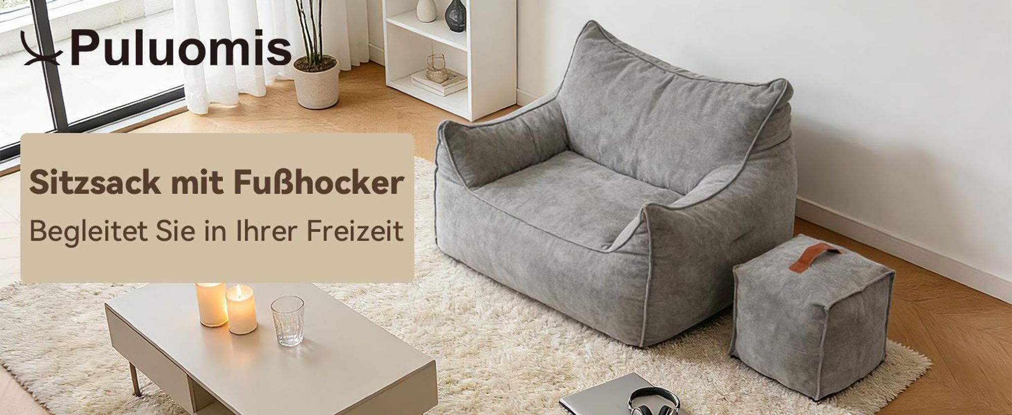 Puluomis Riesen Sitzsack mit Fußhocker XXL, Beanbag Sofa 95 x 100 cm 150kg belastbar, für Wohnzimmer, Leseecke, Gaming grau