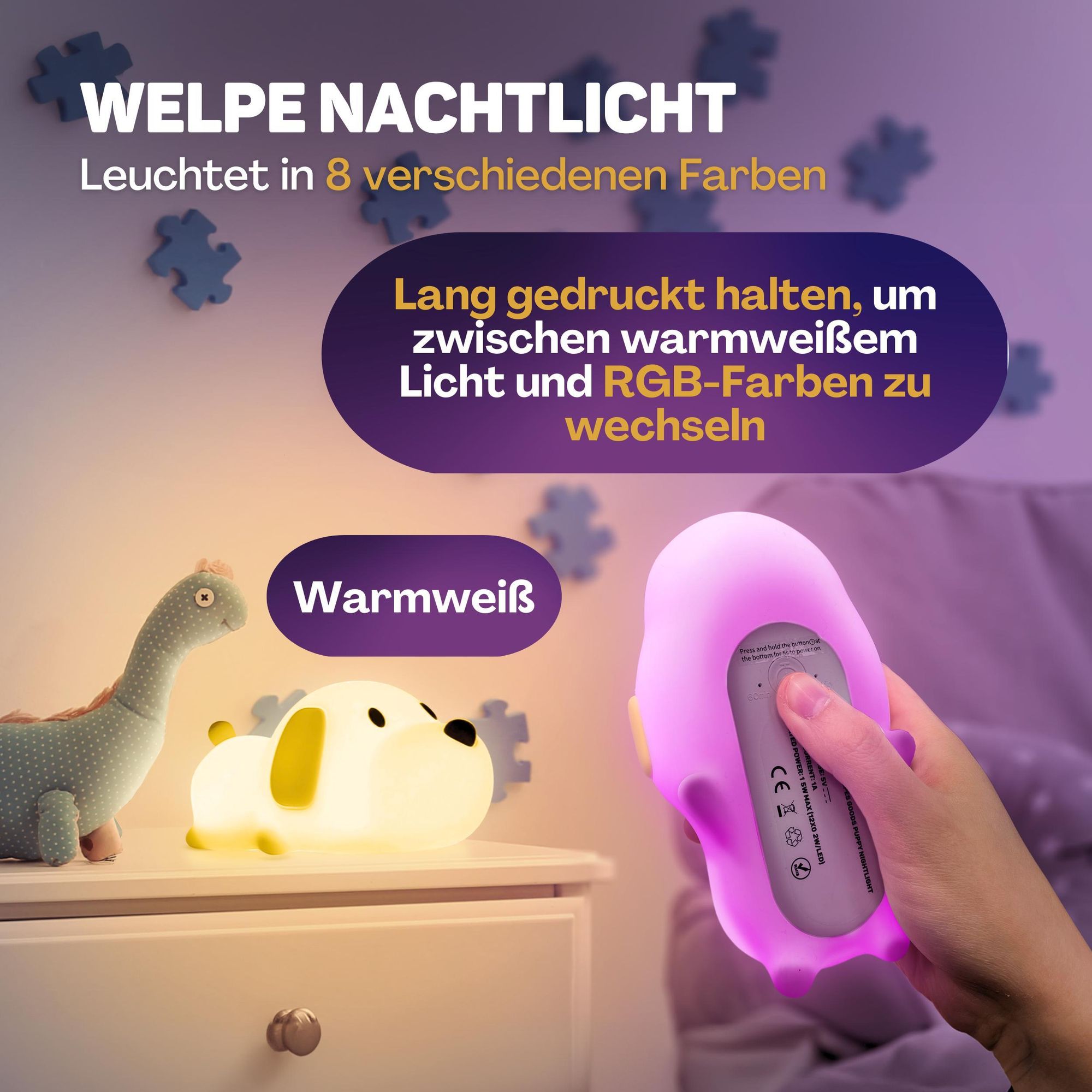 Nachtlicht für Kinder mit Touch-Bedienung und 8 Farben, Silikon-LED-Nachtlicht für das Kinderzimmer, USB-aufladbar, Dimmbar, Timer-Funktion, Welpe