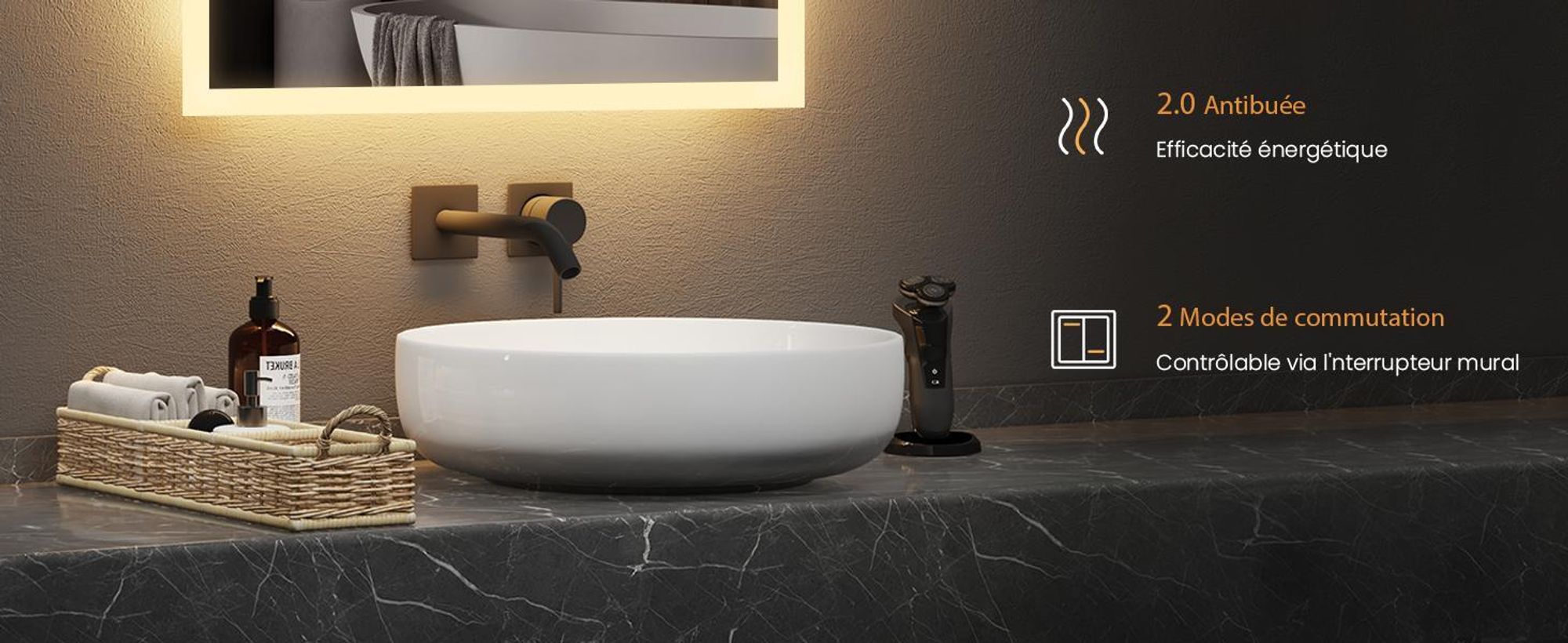 Miroir de salle de bain LED EMKE 60 x 80 cm avec éclairage et anti-buée, miroir mural avec interrupteur mécanique Miroir de salle de bain 3000 K/6500 K Couleurs de lumière