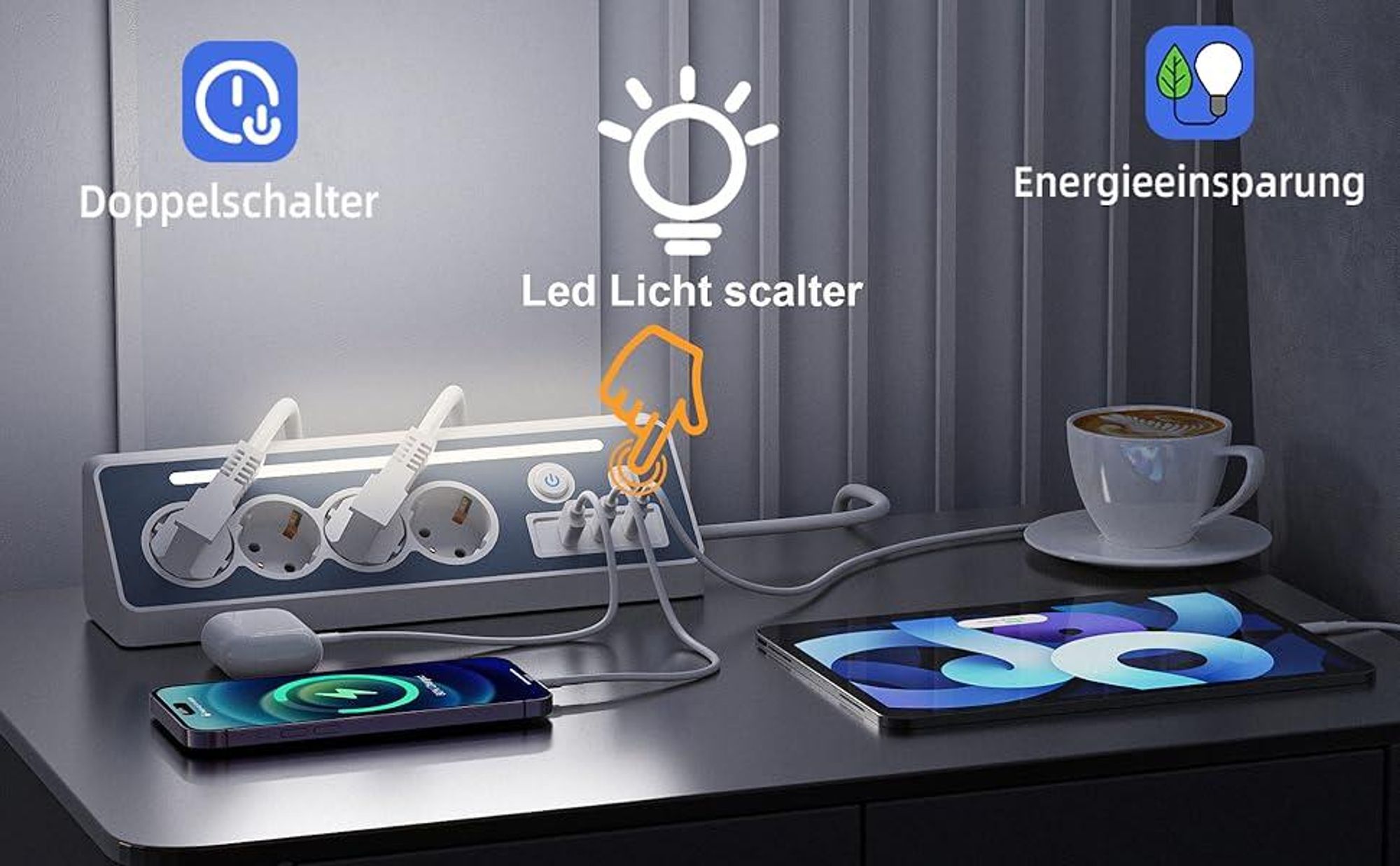 Steckdosenleiste, Steckerleiste, Tischsteckdose, 4 Fach Mehrfachsteckdose, Mehrfachstecker, 16A 3680W Ecksteckdose mit 2 Schalter, für Küche, Büro