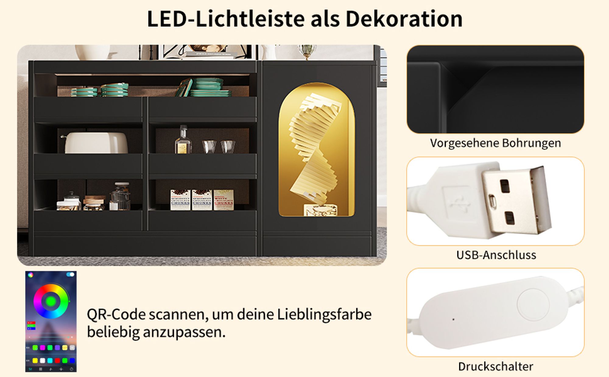 Flieks Sideboard mit LED-Beleuchtung, Anrichte mit offenem Stauraum, schlichte moderne Kommode für Wohnzimmer Esszimmer Flur, schwarz