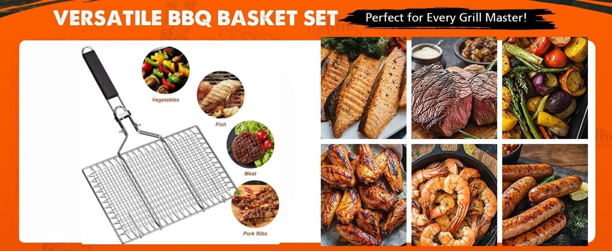Großer Edelstahl Grillguthalter Grillkorb Faltbar Tragbark mit Silikonpinsel und Grillzange,Miscellaneous barbecue accessories,Campingausrüstung&BBQ