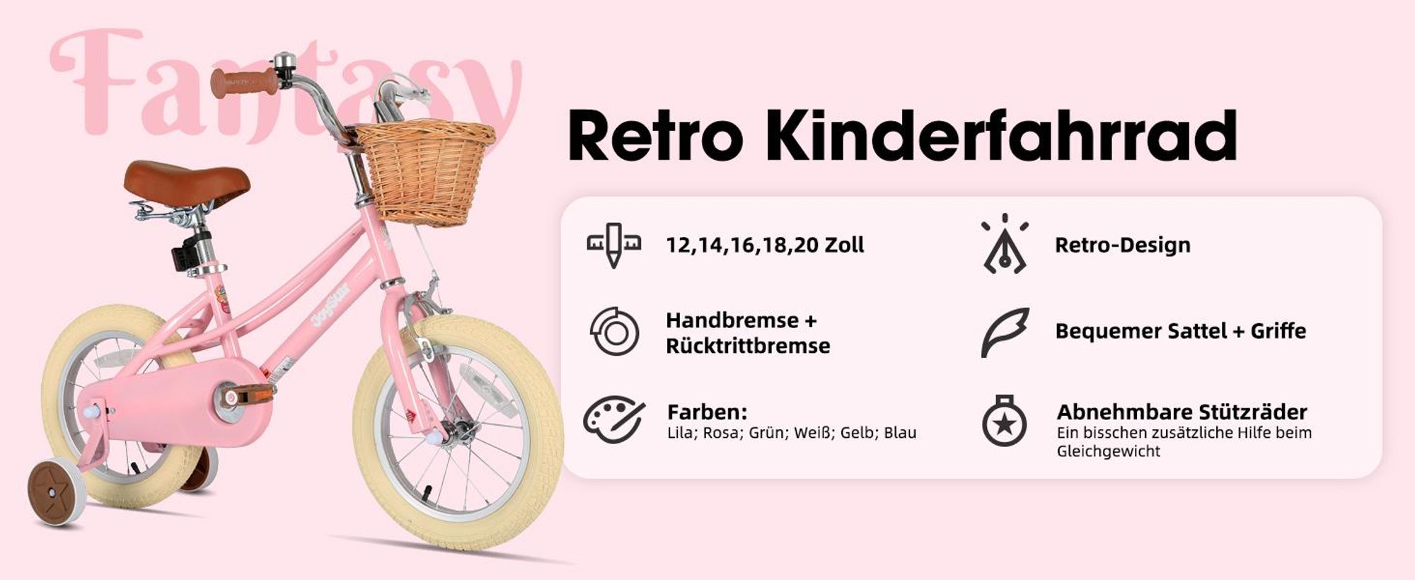 JOYSTAR 12/14/16/18/20 Mädchenfahrrad für 2-13 Jahre alte Kinder, 12" 14" 16" Kinderfahrrad mit Stützrädern & Korb, 20 Zoll mit Ständer, Rosa