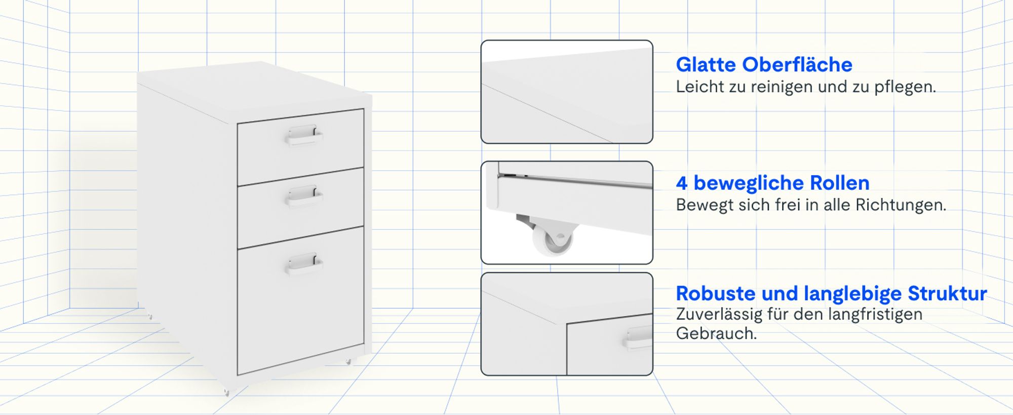 FLEXISPOT Rollcontainer Büroschrank mit 3 Schubladen, Aktenschrank Metallschrank Kommode mit Rädern, Unterschrank für Zuhause und Büro (Weiß)