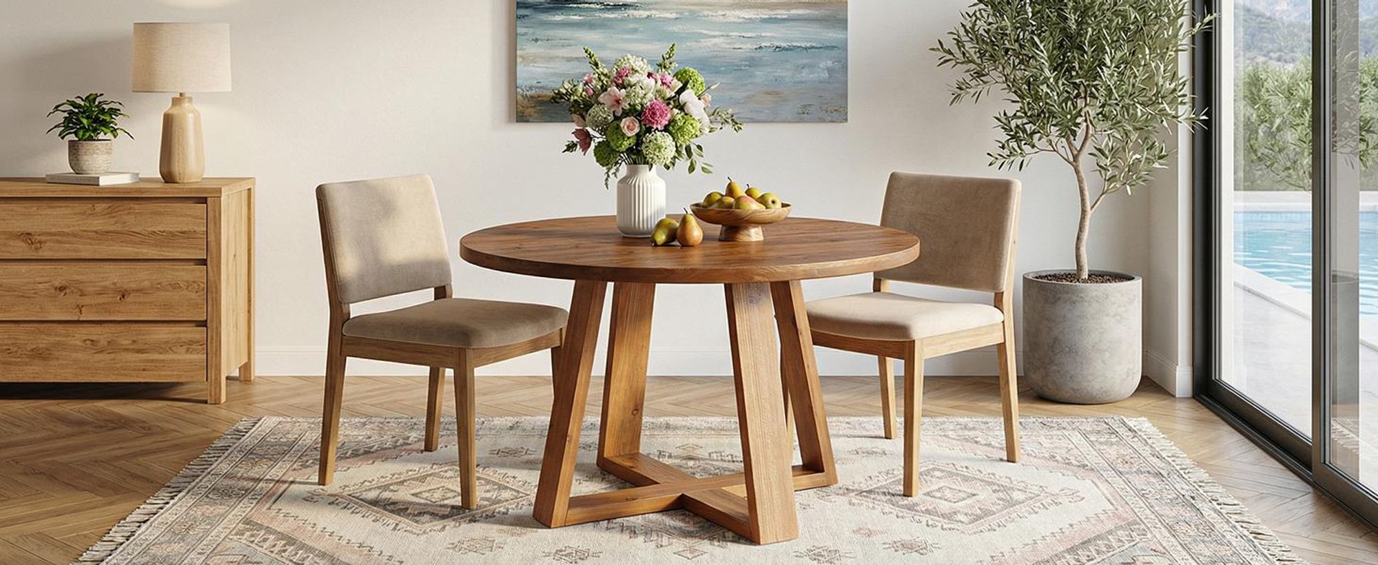 120 cm Esstisch Massivholz, runder Küchentisch, Landhausstil für 4 Personen, rustikaler Tisch mit stabilem Gestell Esszimmer, warme Eichenoberfläche