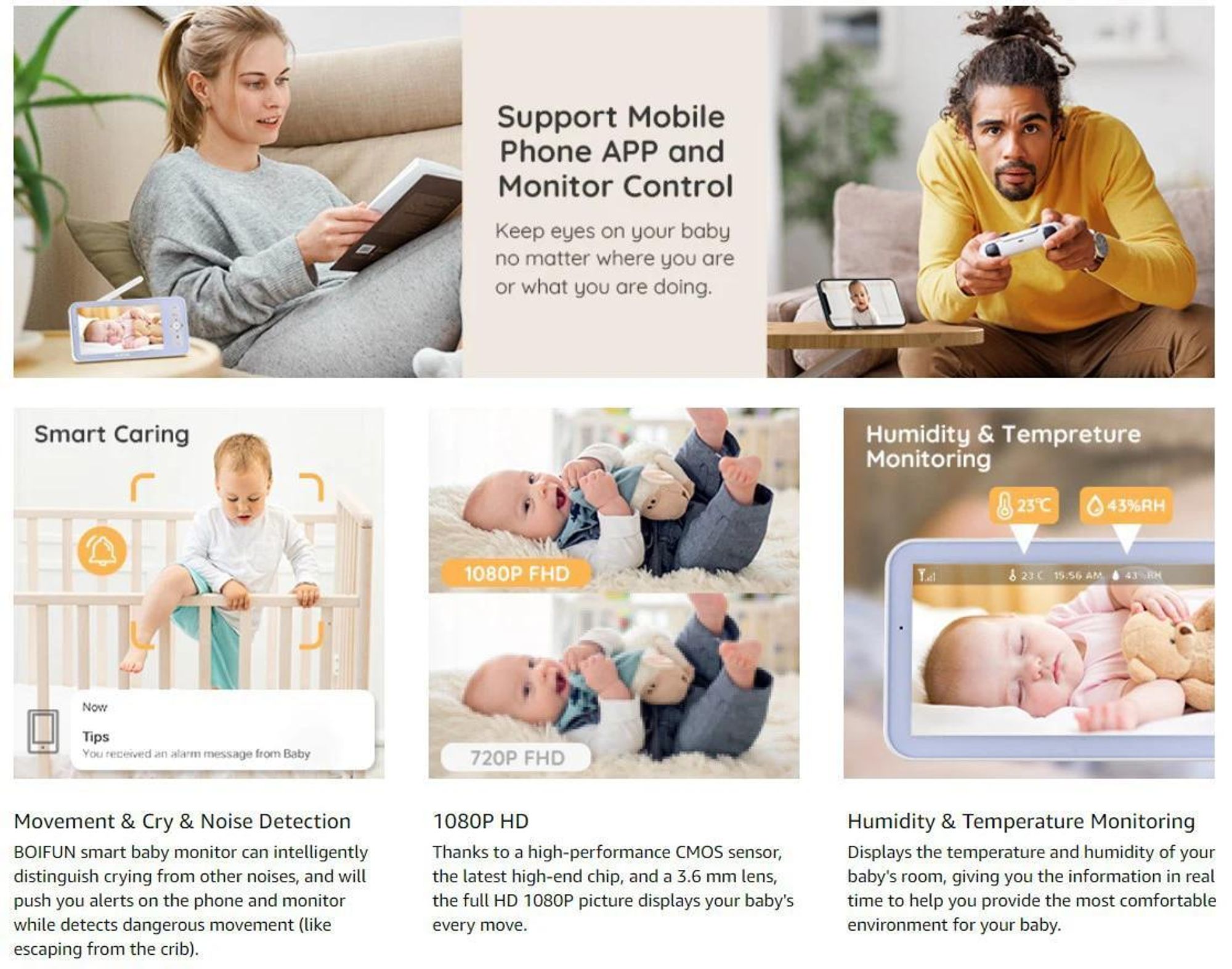 Tuya Smart – Drahtloses Video-Babyfon mit 5-Zoll-Display (1080p), Temperaturmessung, App-Steuerung, Baby-Nanny-Funktion und Zwei-Wege-Audio