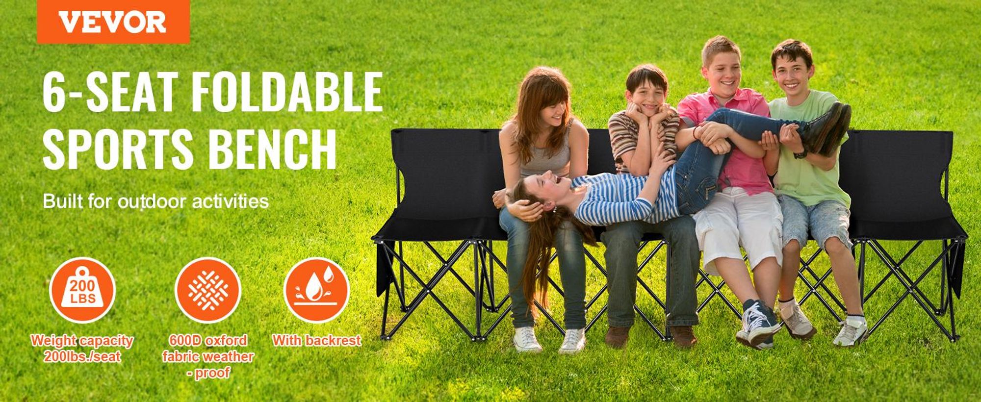 VEVOR Tragbare Klappbank, 6-Sitzer faltbare Seitenbank, Outdoor-Campingbankstuhl mit Tragetasche und Rückenlehne, Mannschaftssport-Seitenbank für Fußballangeln, kein Zusammenbau nötig, sofortige Sitzgelegenheit, schwarz