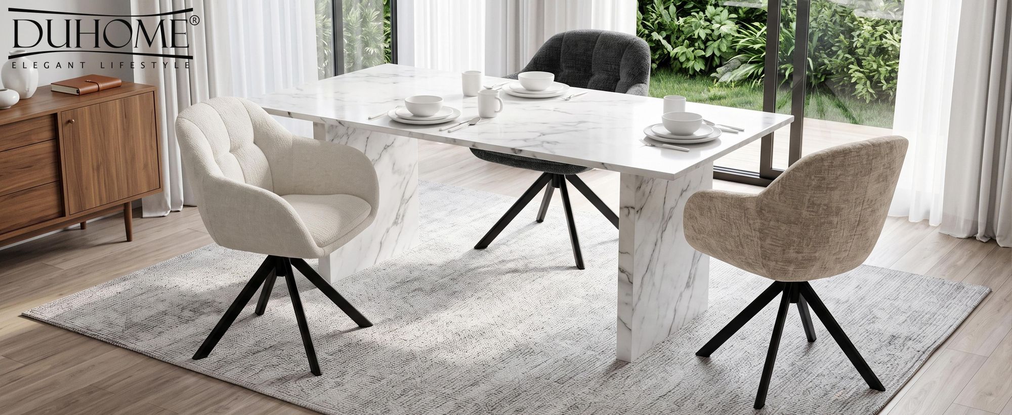 Duhome loungestoel, 360° draaibaar, armleuningstoel van chenillestof, make-uptafelstoel met metalen frame, eetkamerstoel, beige