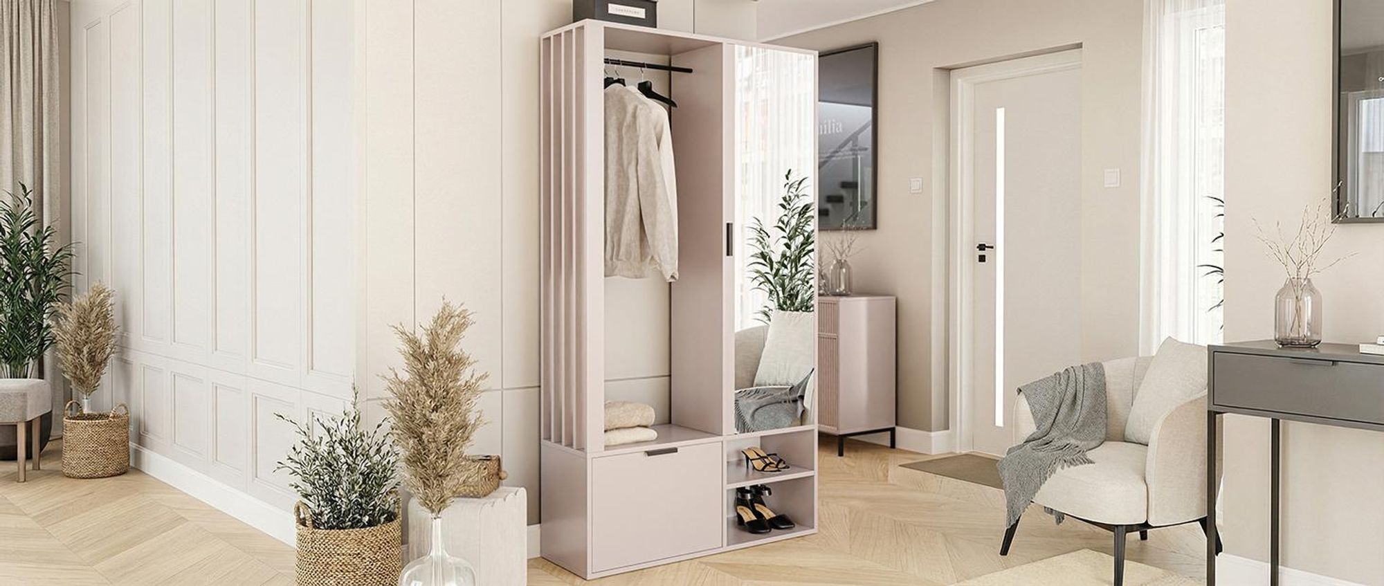 Idohome - Garderobenschrank Milo mit Spiegel, mit Ablagen und Kleiderstange, Farbe: Kaschmir
