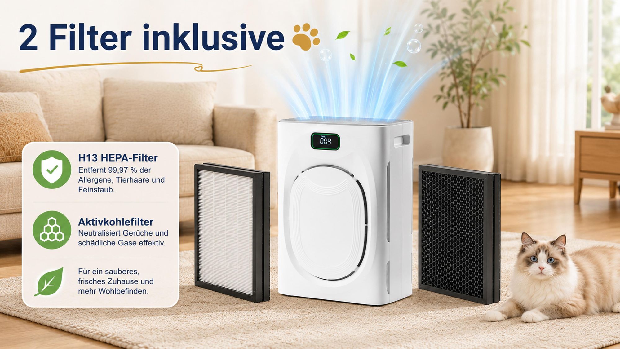 Luftreiniger Allergiker & Tierhalter, HEPA H13 + Aktivkohle+Waschbarer Filter, 25dB, CADR 350m³/h, PM2.5 Display, gegen Pollen/Staub/Tierhaare/Gerüche