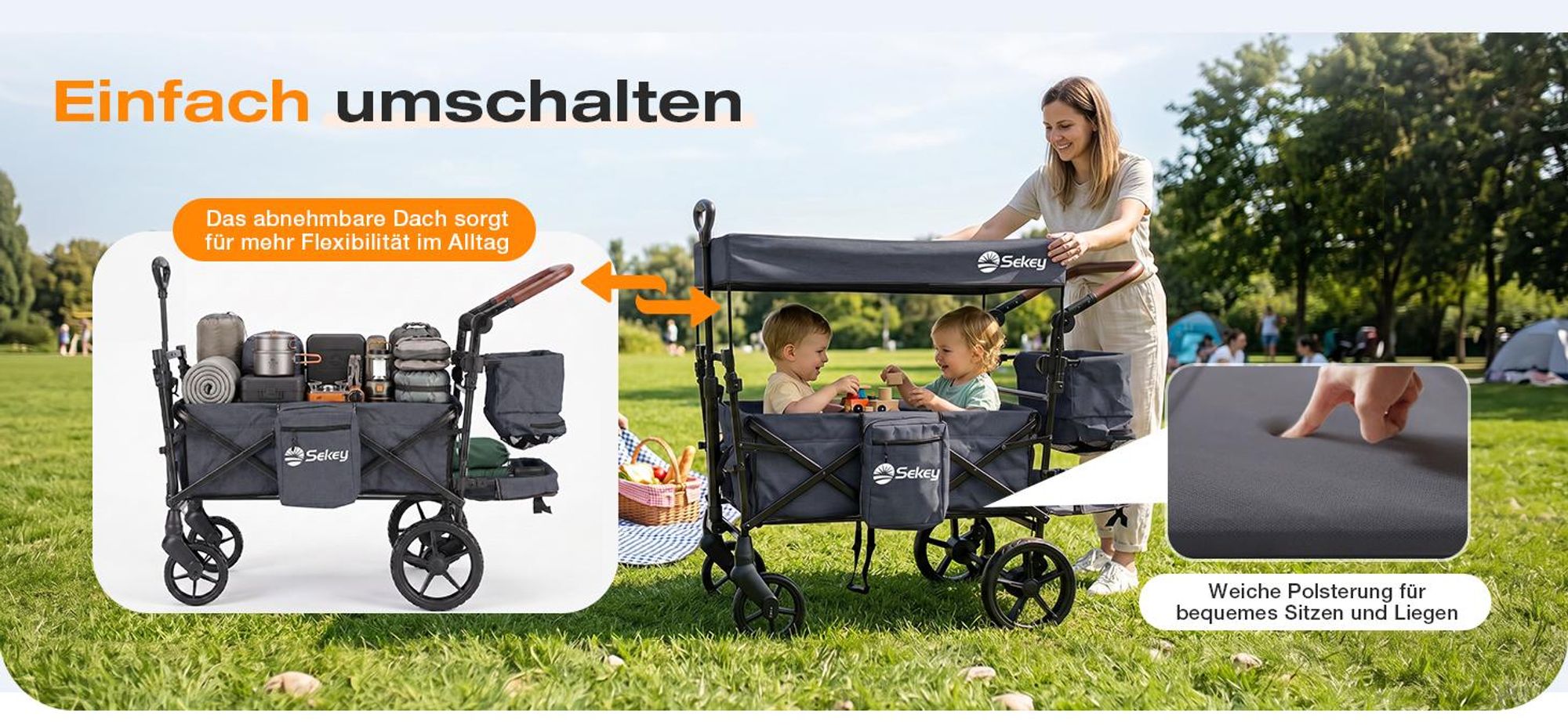 Sekey Bollerwagen Faltbar mit Dach Kinder Bollerwagen mit XXL-Rädern (24/20 cm), mit Zieh-/Schiebegriff, Schwarz