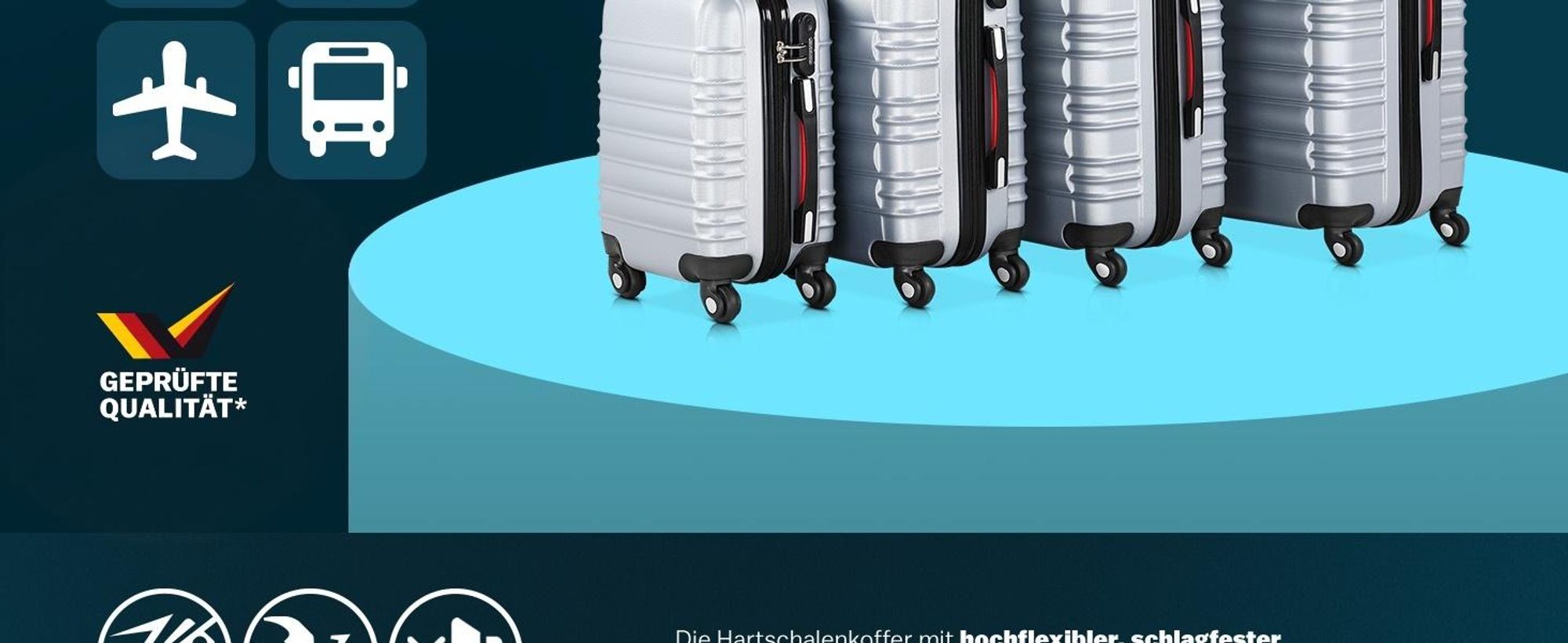 MONZANA® Kofferset 4tlg Hartschalen Koffer S-M-L-XL Gel-Griffe 4 Rollen ABS Hardcase Schloss Füße Trolley Rollkoffer Reisekoffer Set Silber