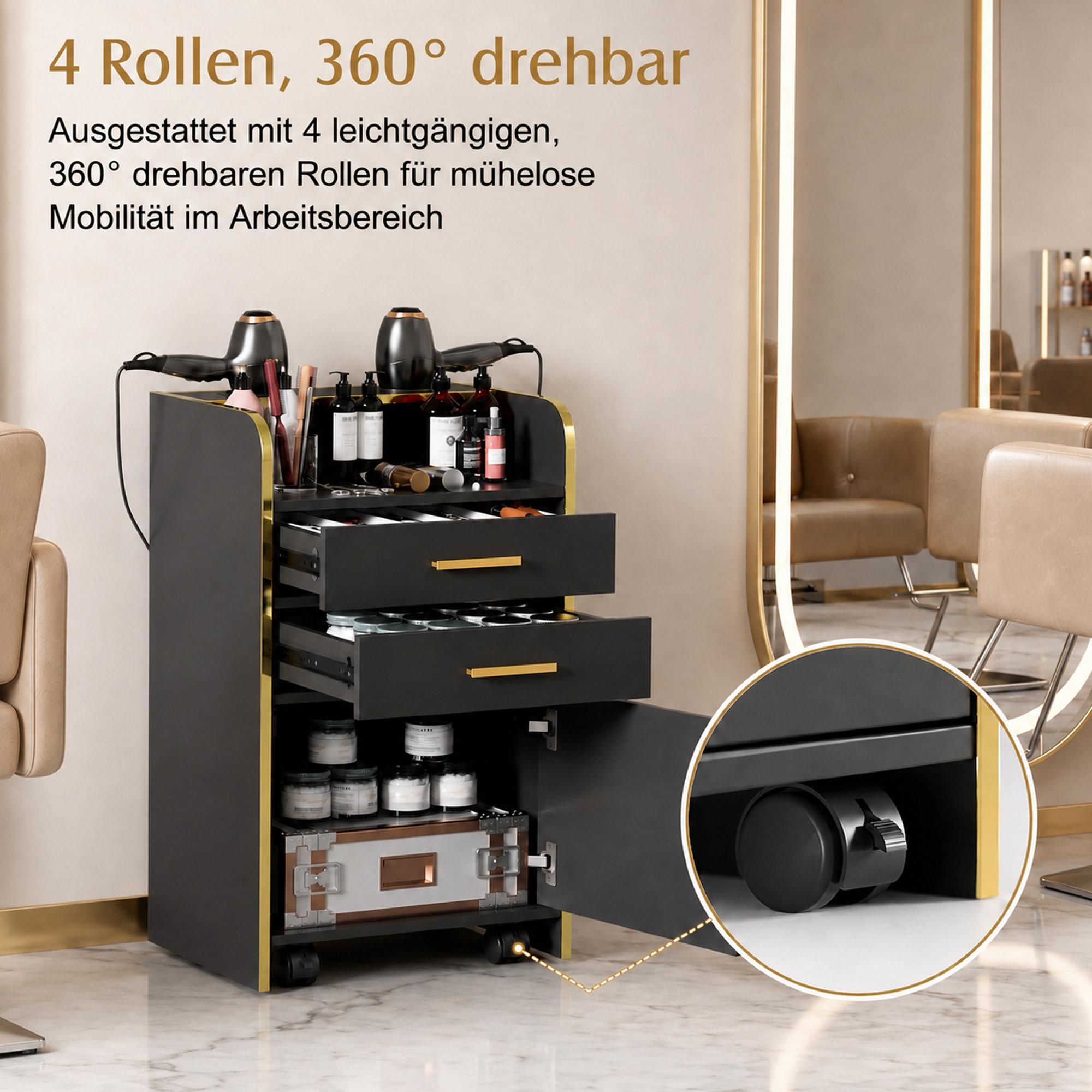 Salonwagen mit Rollen, Friseurwagen mit Schubladen und Haartrockner-Halterungen, Mobiler Aufbewahrungswagen für Friseursalon, Beauty Studio und Nagelp