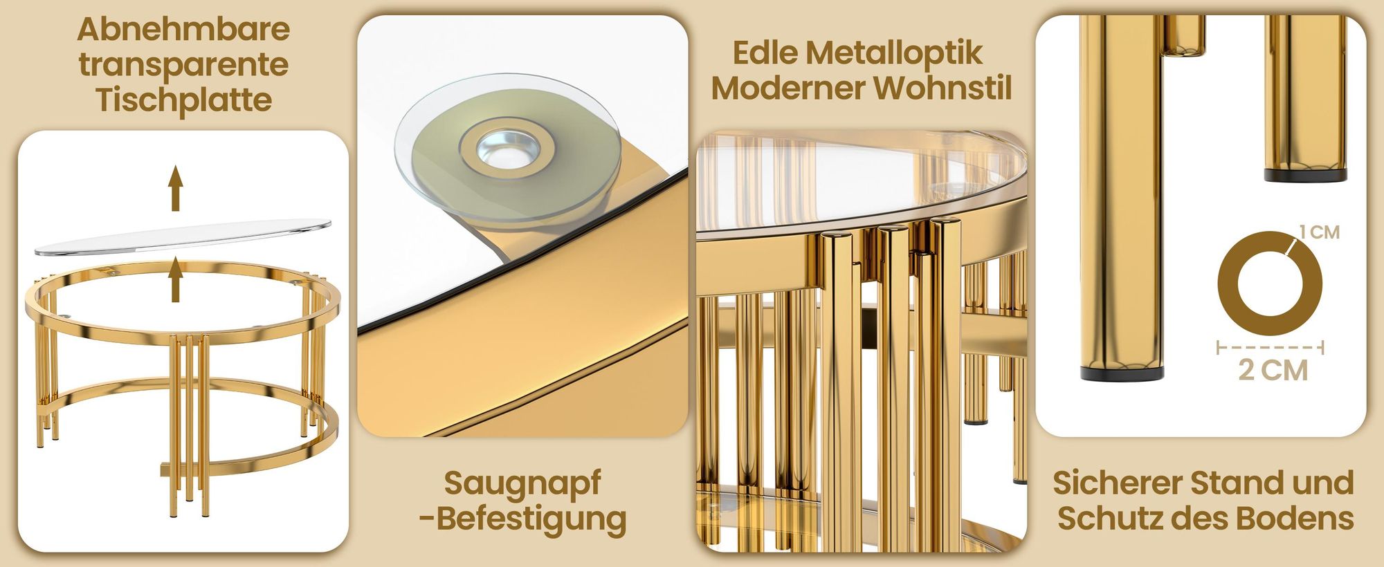 Goldene Sofatische im 2er-Set mit eleganter Glasplatte