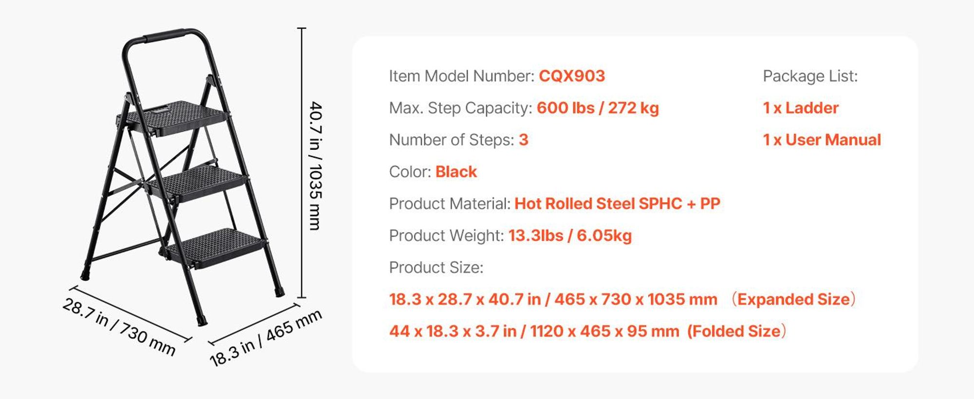 VEVOR 5-Stufen-Leiter, faltbare Trittleiter mit breitem rutschfestem Pedal, Werkzeugablage, doppelseitigen Handläufen, 272 kg Tragfähigkeit, tragbare Stahlleiter, vielseitig einsetzbar für Küche, Zuhause, Haushalt und Büro, Schwarz, 3-Schritte