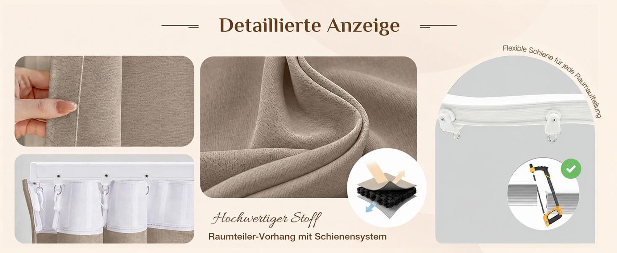Extra Breite Vorhang Blickdicht Raumteiler mit Schiene Gardinen Vorhänge Türvorhang für Wohnzimmer Schlafzimmer, B254xH213cm, Khaki
