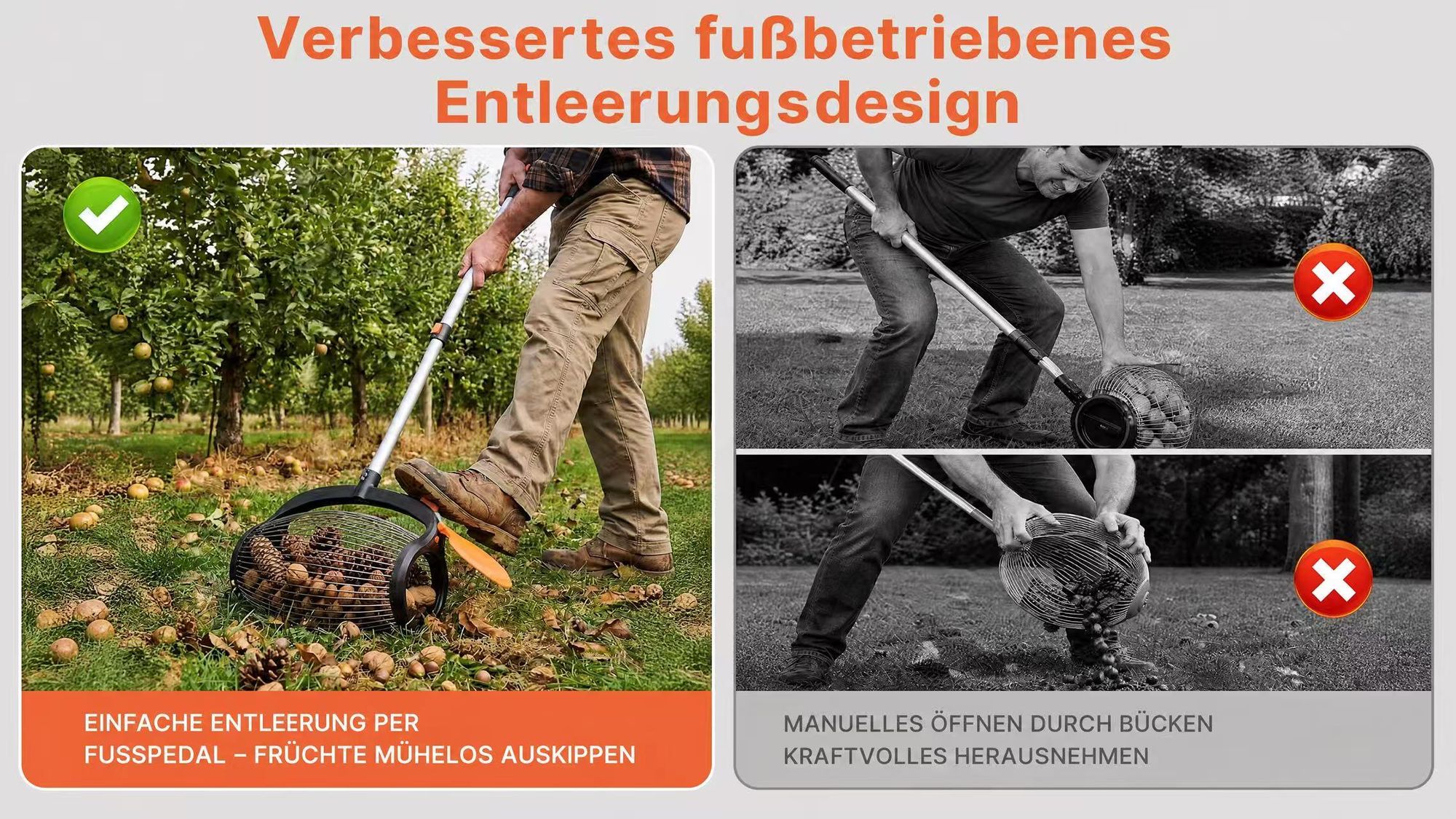 Rollsammler Nusssammler 34cm mit Aluminium Teleskopstiel, Pedalbetätigte Seitenöffnung, Ausziehbar 37–110 cm,Obstsammler für Walnüsse Eicheln Fallobst