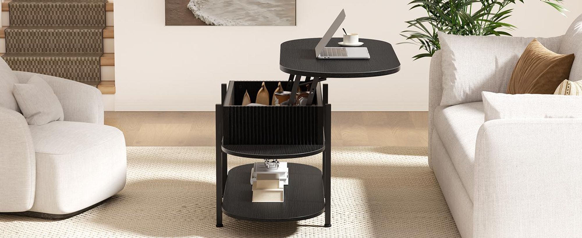FABATO Couchtisch oval, höhenverstellbar mit verstecktem Stauraum, 3-Etagen-Design in Schwarz