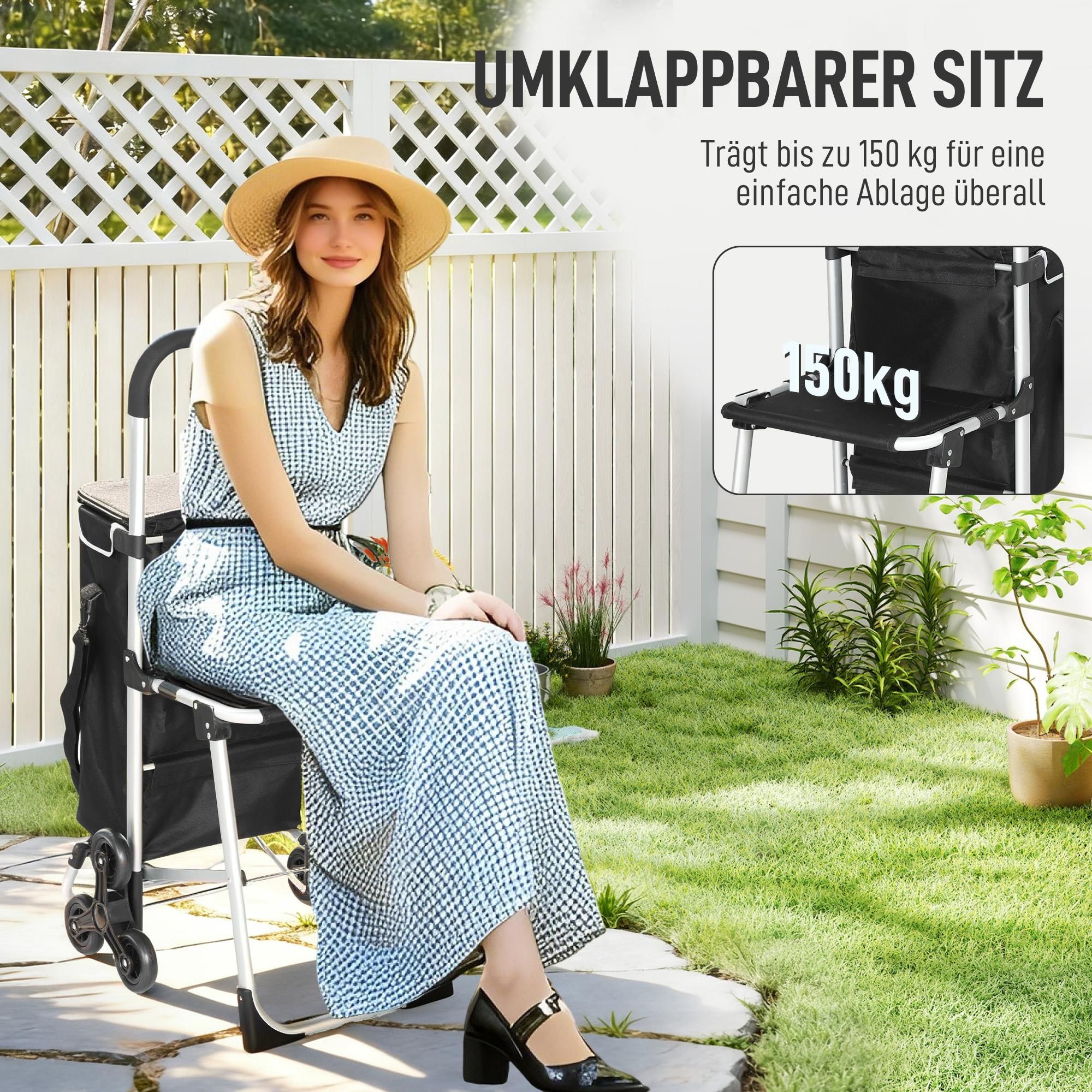 Einkaufstrolley mit Sitz, 3-Rad Treppensteiger, Einkaufswagen, Oxford-Stoff, Schwarz | 40 L | 59,5 x 46 x 97 cm | bis 150 kg