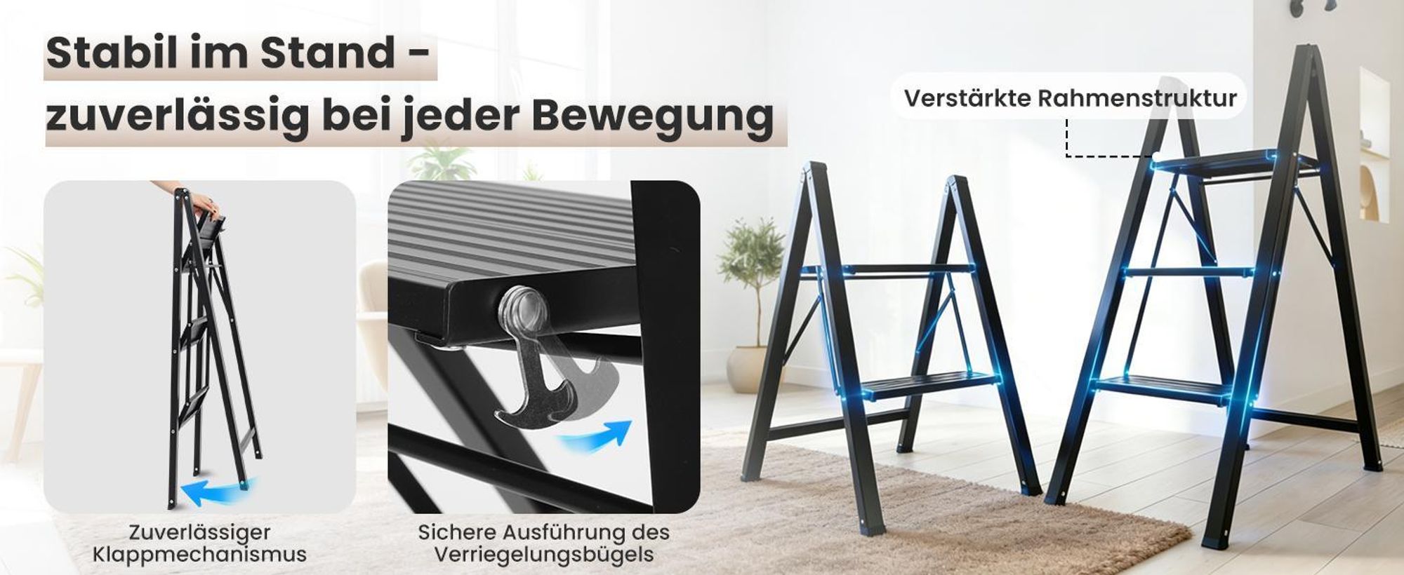 Sekey Aluminium Trittleiter 2 Stufen Klappbar Klappleiter mit breitem Anti-Rutsch-Stufen, Tragbarer Stufenleiter, bis 150 kg