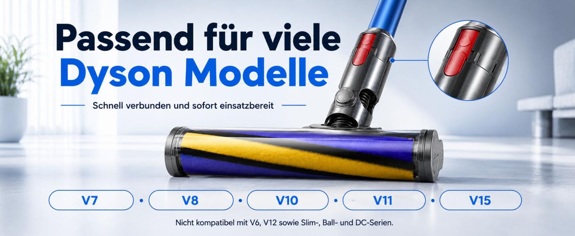 Elektrobürste mit Laser-LED für Dyson V7 V8 V10 V11 V15 – Bürste mit Direktantrieb für Hartböden & Kurzflorteppiche – Bodendüse für Staubsauger