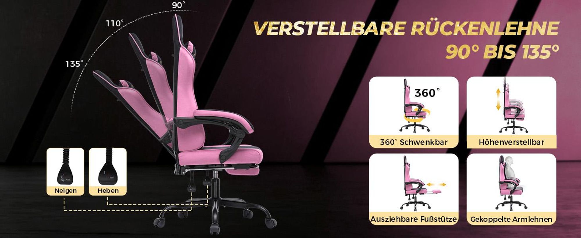 GTPLAYER Gaming Stuhl Ergonomischer Gaming Sessel Schreibtischstuhl mit Stoffoberfläche, Federsitzkissen, Verbindungsarmlehnen und Fußstütze 150KG, ro