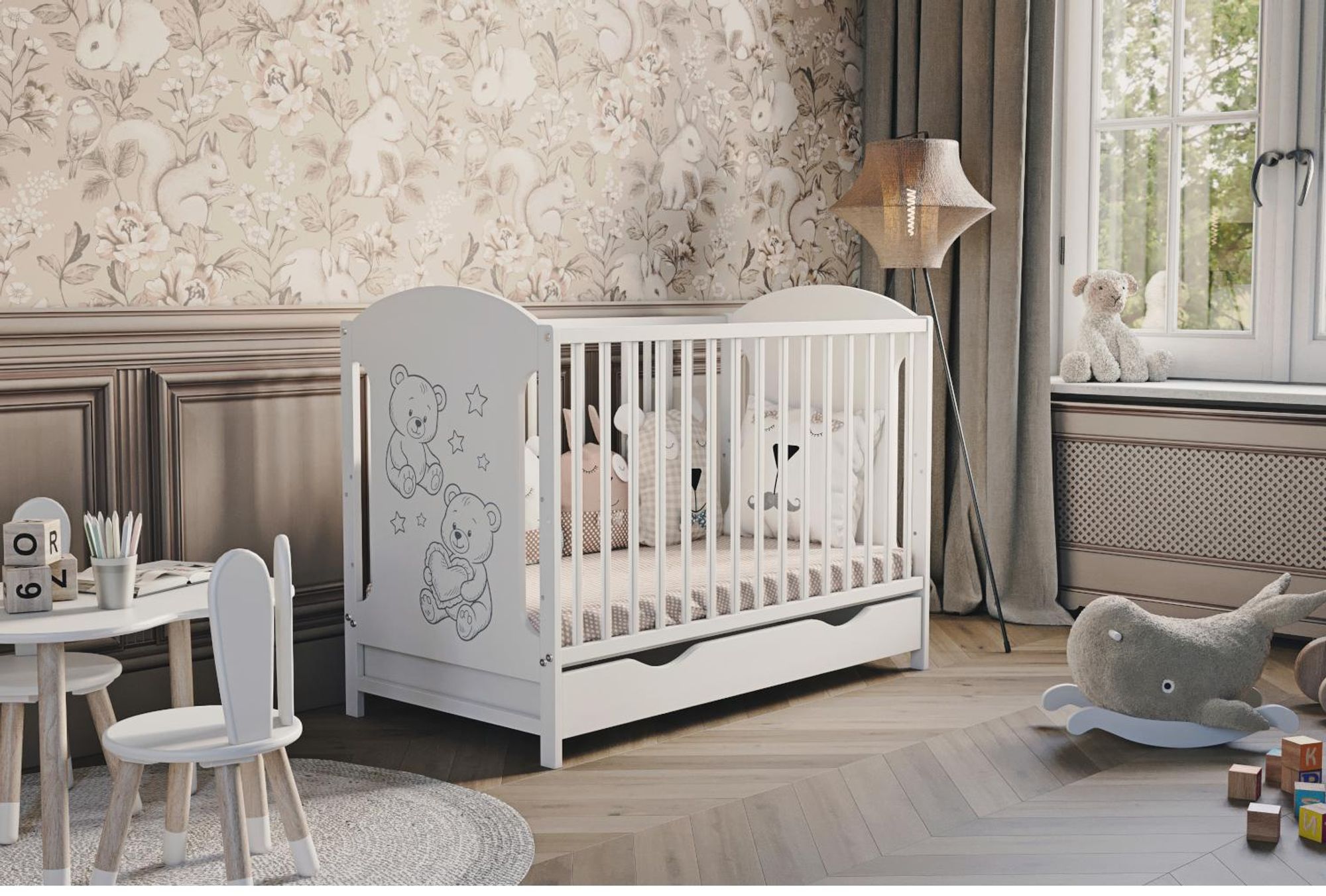 Lit bébé Hugo 60x120 cm avec barrière et tiroir | sans matelas