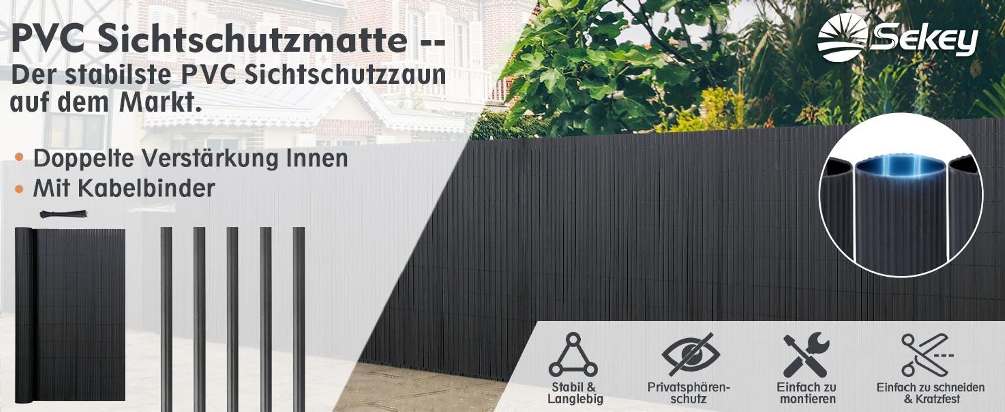 Sekey PVC Sichtschutzmatte mit Abdeckprofil Sichtschutzzaun Windschutz 160x300 cm