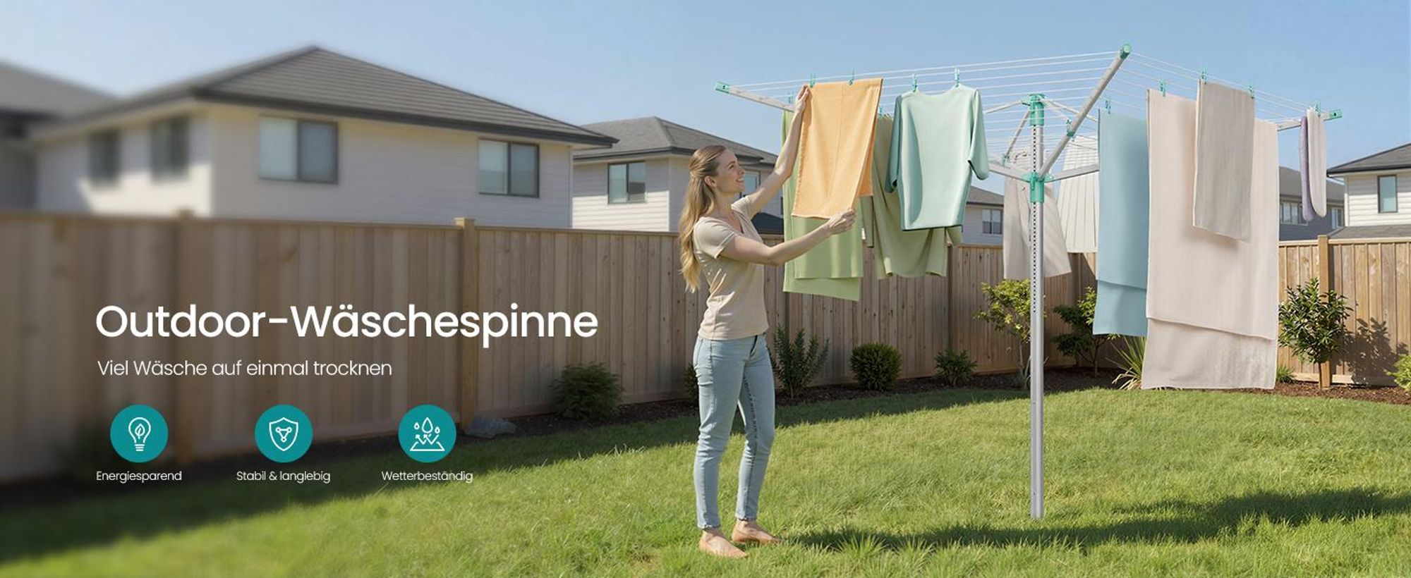 SONGMICS Wäschespinne, Wäscheständer, höhenverstellbar, 60 m Wäscheleine, für 6 Waschmaschinenladungen, Outdoor, Garten, mit Bodenhülse, Wäscheklammer