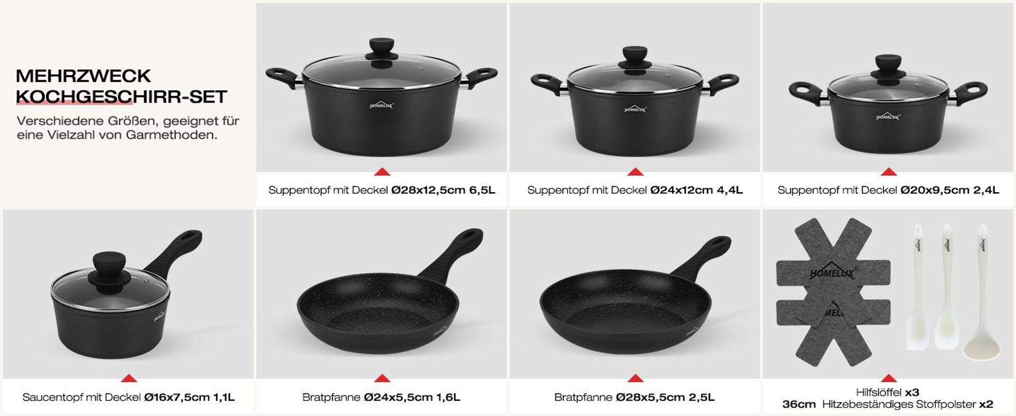 Topfset Induktion 15-Tlg Topfset Pfannenset Kochtopfset, Aluminium Antihaft-beschichtete Töpfe & pfannen,Cookware-Schwarz(HLCW15BK)