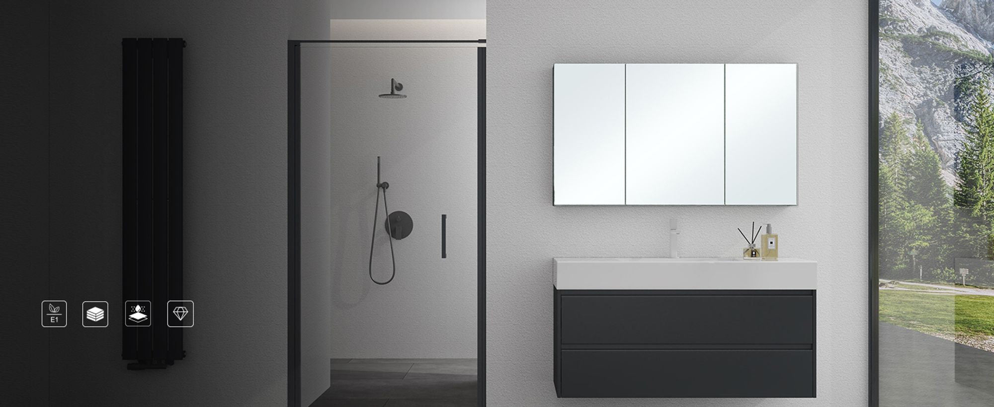 Mai & Mai Spiegelschrank mit 2 Spielgeltüren Badezimmerschrank Hängeschrank Badezimmerspiegel BxTxH 100x15x70 cm Anthrazit matt Spiegelschrank-02