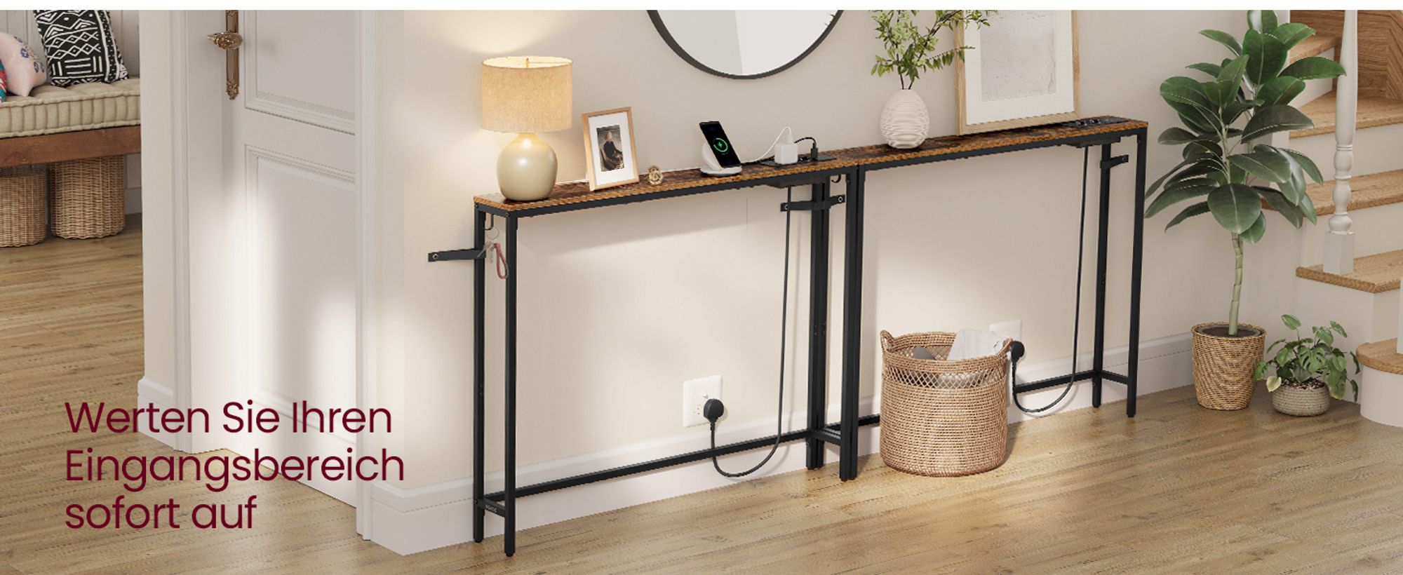 VASAGLE Sofatisch, Flurtisch, schmales Design, 15 x 100 x 80 cm, mit Ladestation