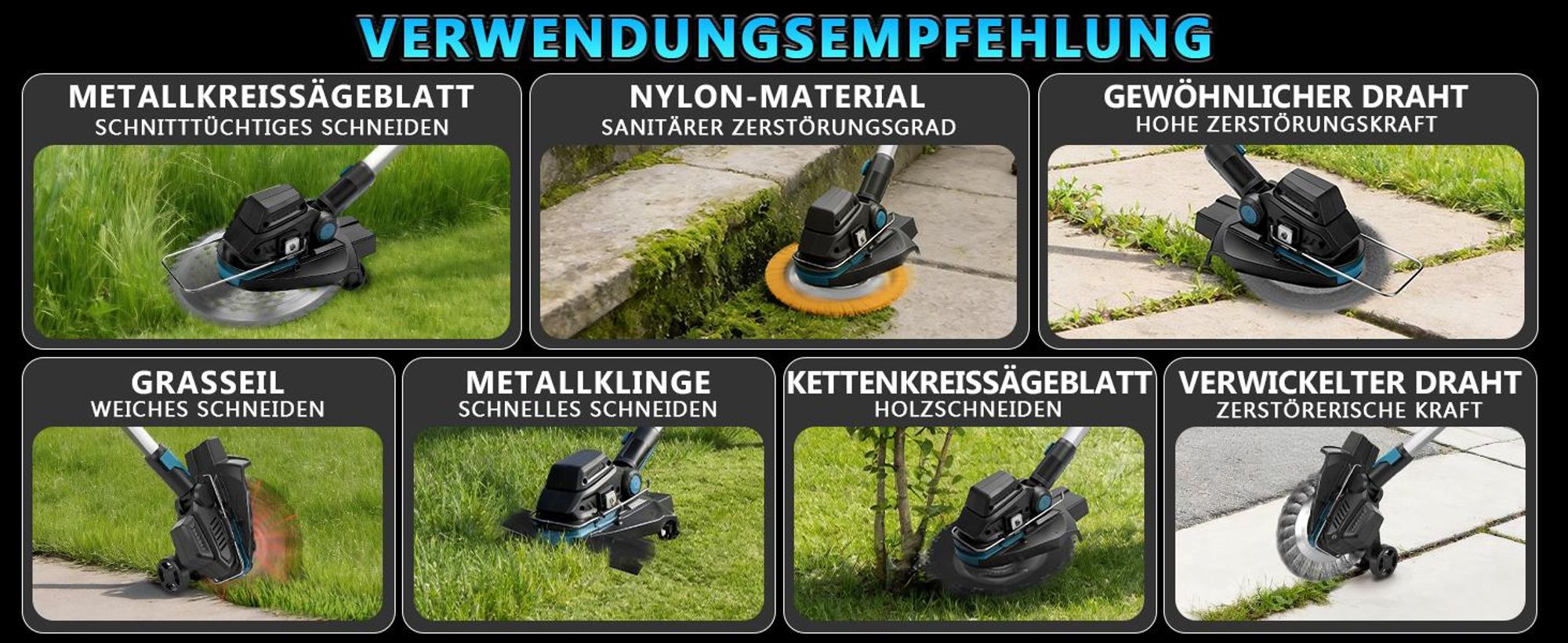 1200W Akku Rasentrimmer, 16800U/min Freischneider mit Teleskop-Stiel Räder, Kompatibel mit Makita Akku, Bürstenlos Grastrimmer Motorsense für Rasen
