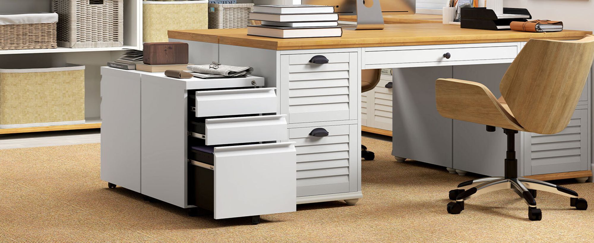 Vinsetto Aktenschrank Büroschrank mit Rädern Bürocontainer mit konkavem Griff Rollcontainer mit 3 Schubladen für Home-Office Stahl Weiß 39 x 48 x 60 cm