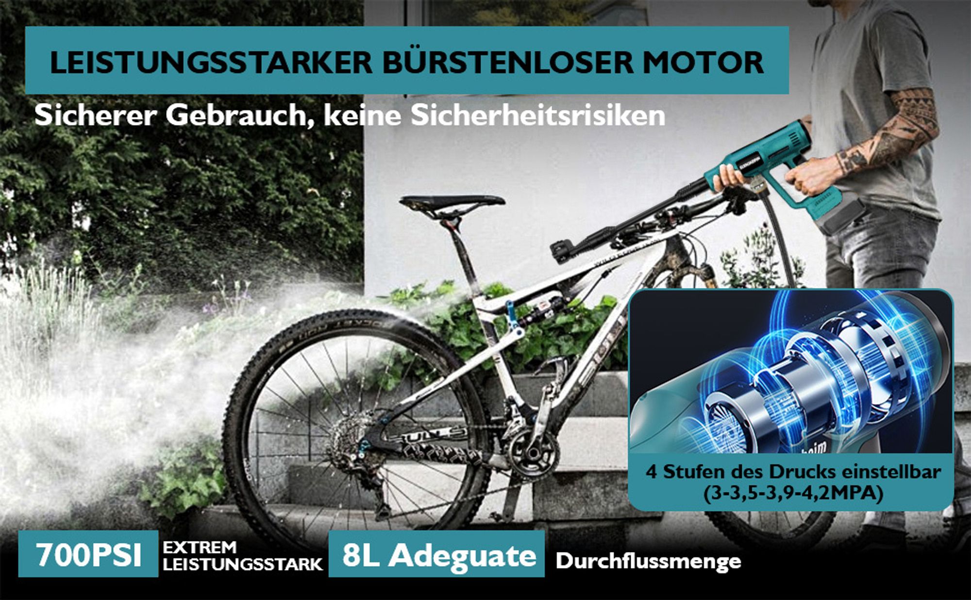 440W Hochdruckreinigerpistole für Makita 18V Akku (ohne Akku) mit Verlängerungsstange & 6-in-1 Düse, 5m schlauch - Für Auto, Haus und Garten