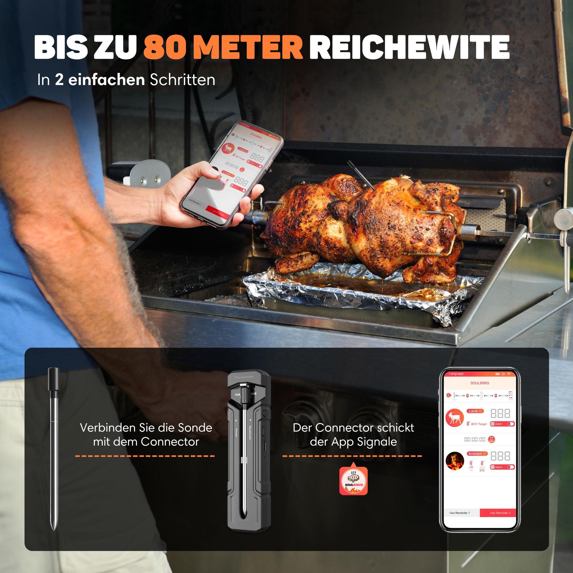 Vulpes Goods Küchenthermometer, Fleischthermometer, mit App, drahtlos, BBQ-Fleischthermometer, Ofenthermometer und Kochthermometer, 80 m Reichweite