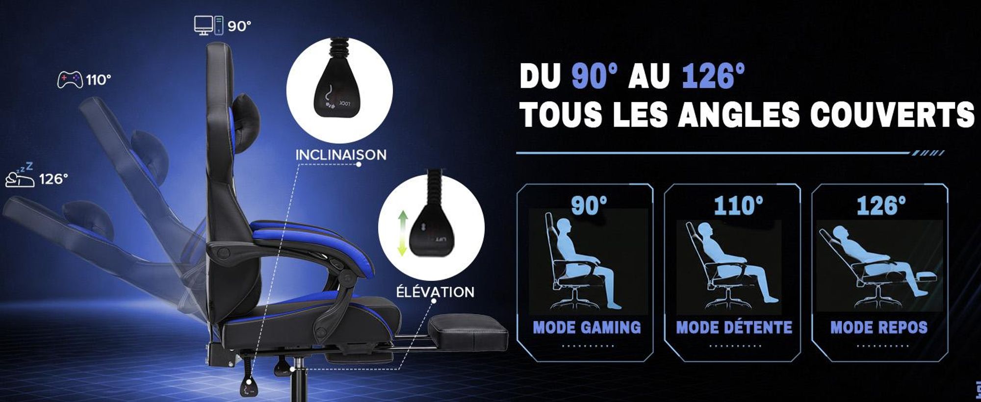 GTPLAYER Fauteuil gaming, chaise de bureau avec repose-pieds, fauteuil gamer ergonomique avec accoudoirs intégrés, chaise de bureau réglable en hauteu