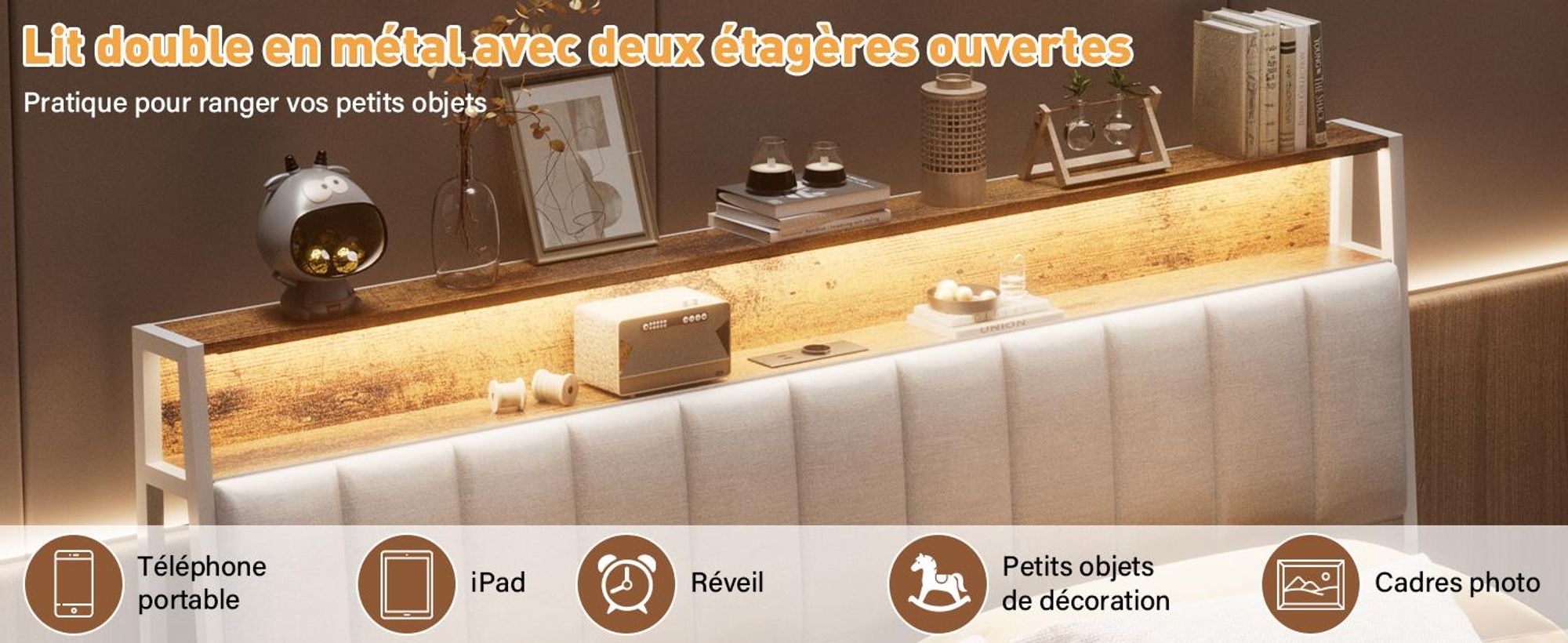 DEWINNER Cadre de lit, 140 x 200 avec Sommier en métal, lit 2 Personnes, avec lumières LED et Prises Multiples (1 Prise AC, 2 Ports USB)