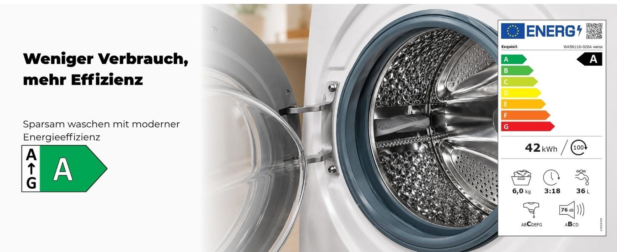 Exquisit Waschmaschine 6kg, Energieeffizienzklasse A, max. 1000 U/min, ECO 40-60, Kurzprogramm, Kindersicherung, WA56110-020A weiss