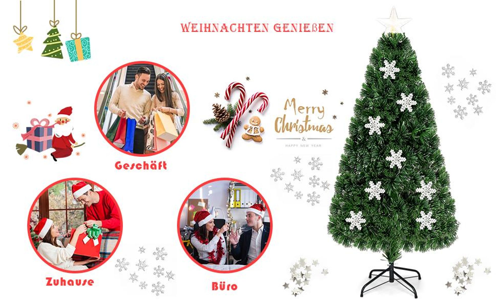 COSTWAY 150cm LED Künstlicher Weihnachtsbaum mit Glasfaser-Farbwechsler und Sternspitze, Tannenbaum 170 PVC Nadeln, Christbaum ideal für Zuhause, Büro, Geschäfte und Hotels, Grün