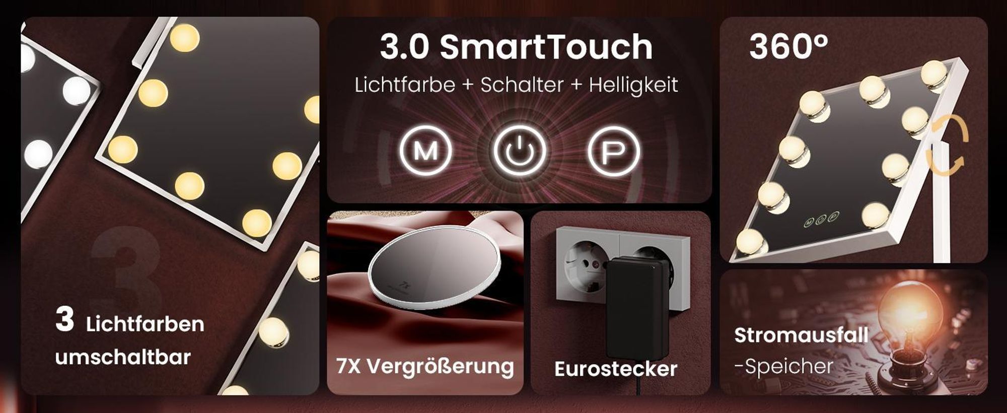 EMKE Kosmetikspiegel mit LED Belechtung 47.5X36.5cm Schminkspiegel 7x Vergrößerung 3 Lichtfarben Dimmbar 360° drehbar, Weiß