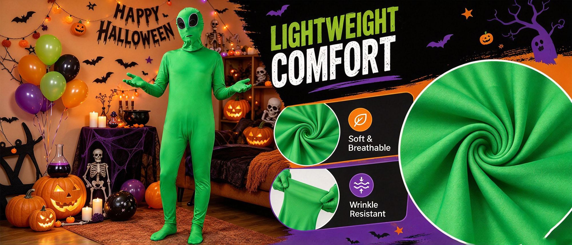 Juksun Alien Kostüm Jumpsuit für Erwachsene grün Größe L 180cm mit Kapuze für Halloween Karneval Rollenspiel