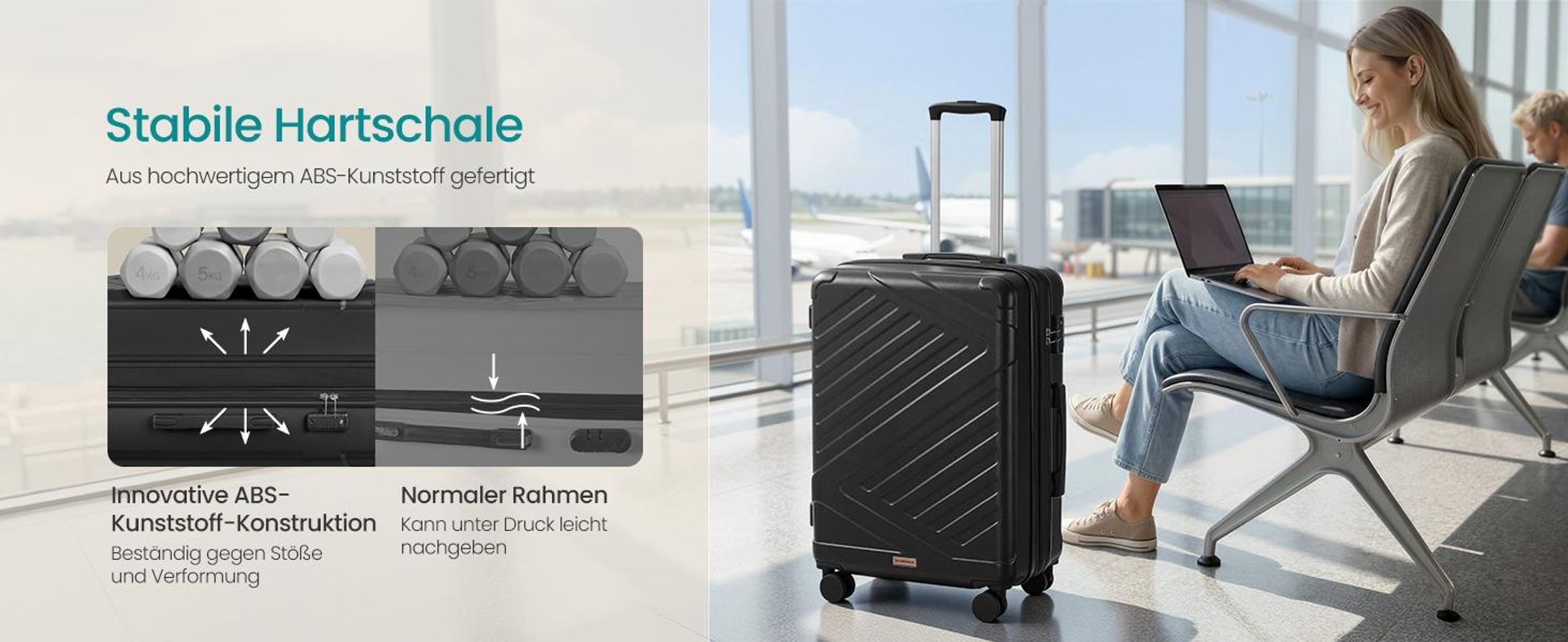 SONGMICS Koffer, Hartschalenkoffer mit TSA-Schloss und Koffergurt, erweiterbar, L, 65 cm, für Urlaub, 4 Rollen, schwarz