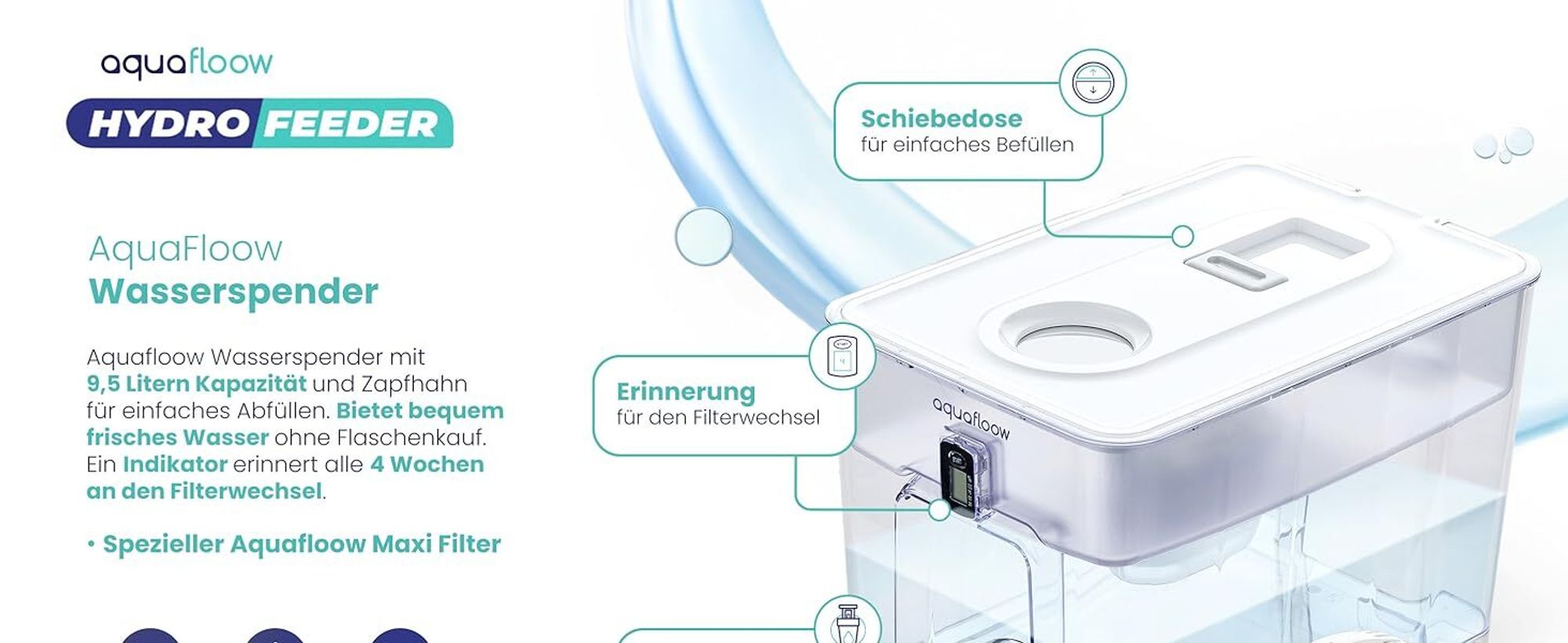 AquaFloow HydroFeeder 9,5l Wasserspender – All-in-10-Filter für AquaFloow Maxi Filter mit 10 Filterpatronen