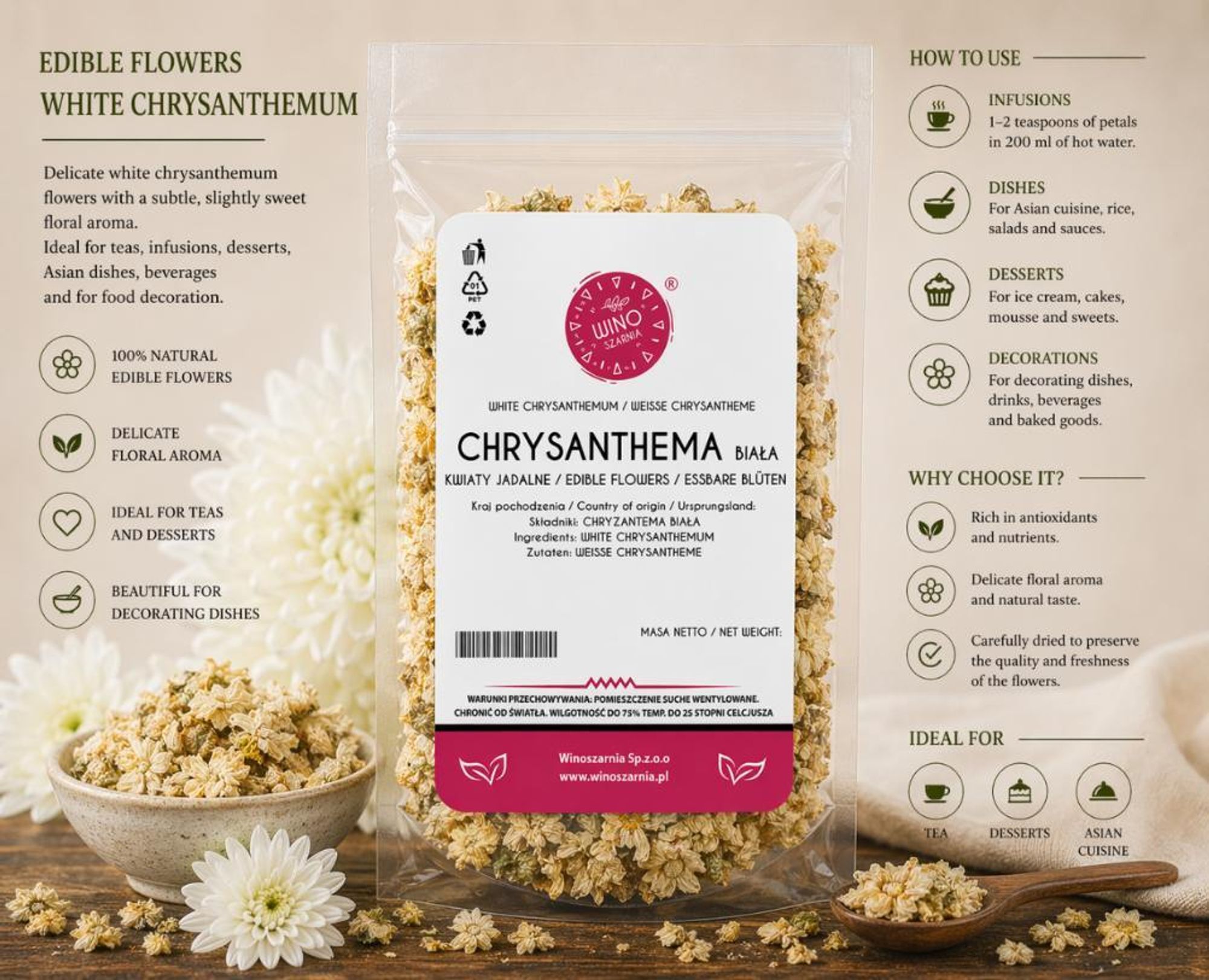 Jedlé květy Bílý květ chryzantémy – 100 g