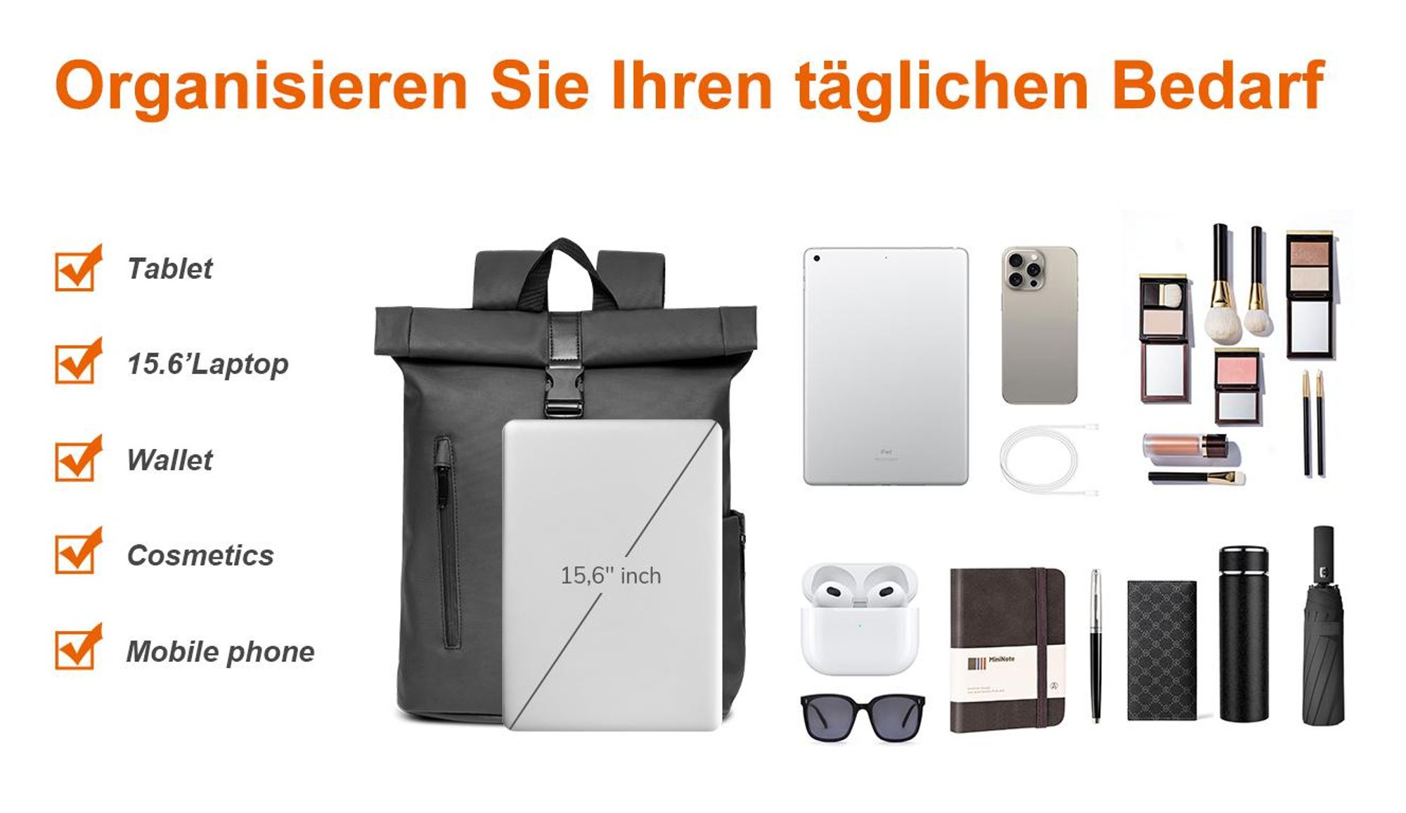 7MAGIC RollTop Rucksack 20L-25L, Laptoptasche 15,6 Zoll Groß Kapazität Daypack, Schulrucksack Backpack Fahrradrucksack Freizeitrucksack für Uni Schule Reisen Job, Schwarz