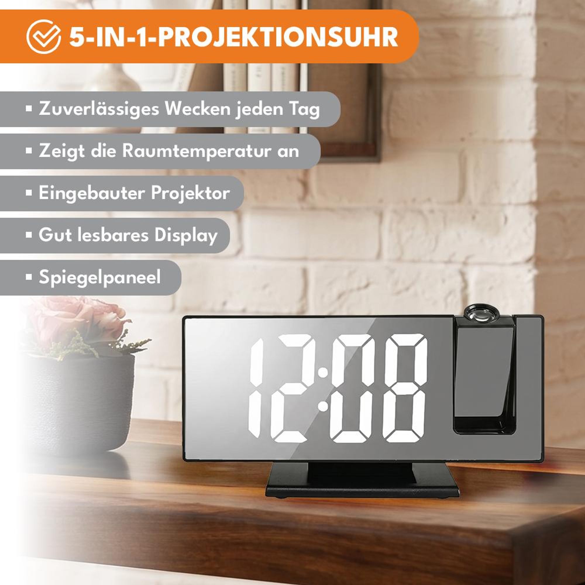 KRUMAD Projektionswecker Digital, Radiowecker mit Projektion, LED Uhr, USB Ladefunktion, 12/24 Stunden Anzeige, Snooze Funktion, Wecker Schlafzimmer
