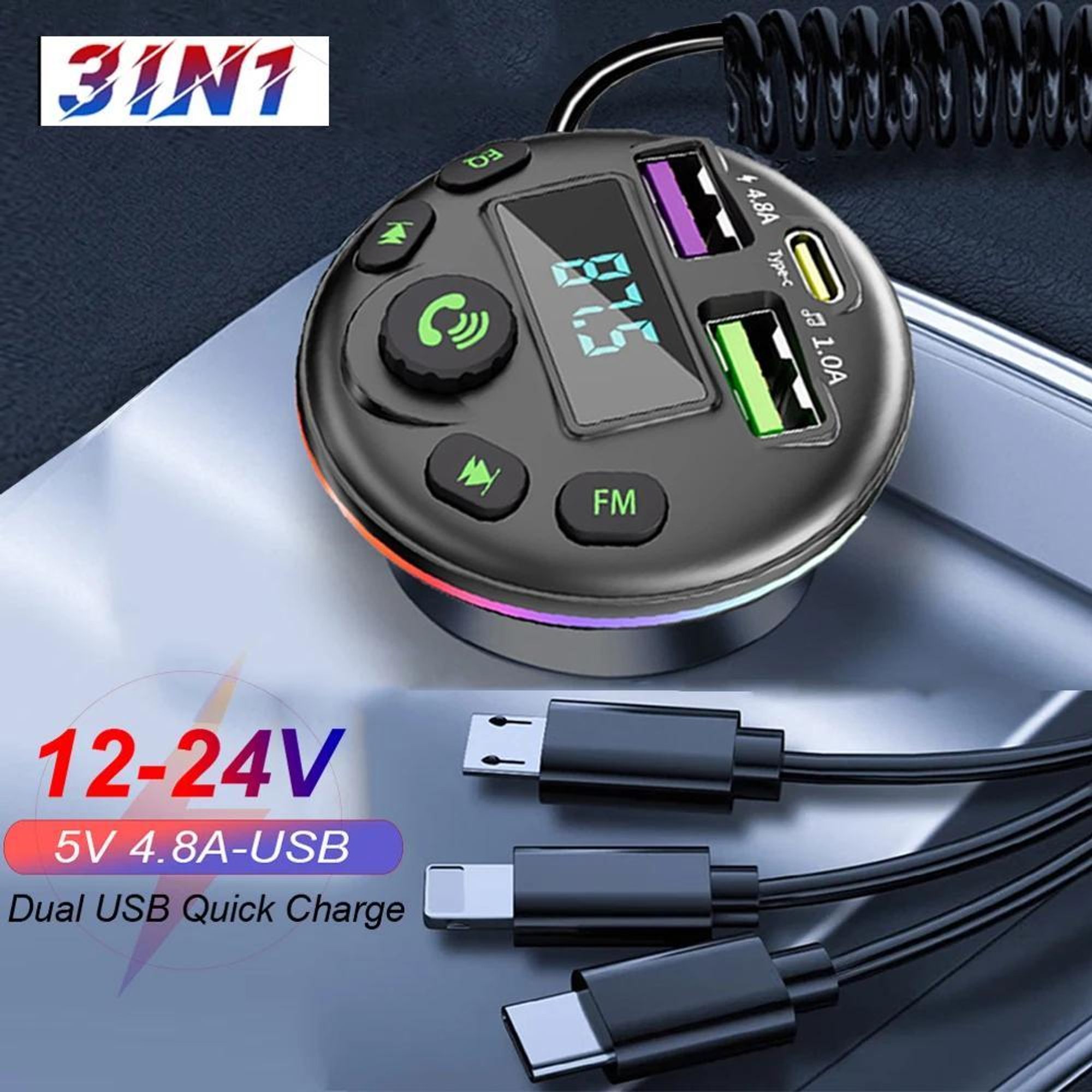 Auto-Bluetooth 5.0 FM-Transmitter MP3-Modulator-Player Freisprech-Audioempfänger mit 3-in-1-Ladekabel für iPhone, Huawei und Xiaomi