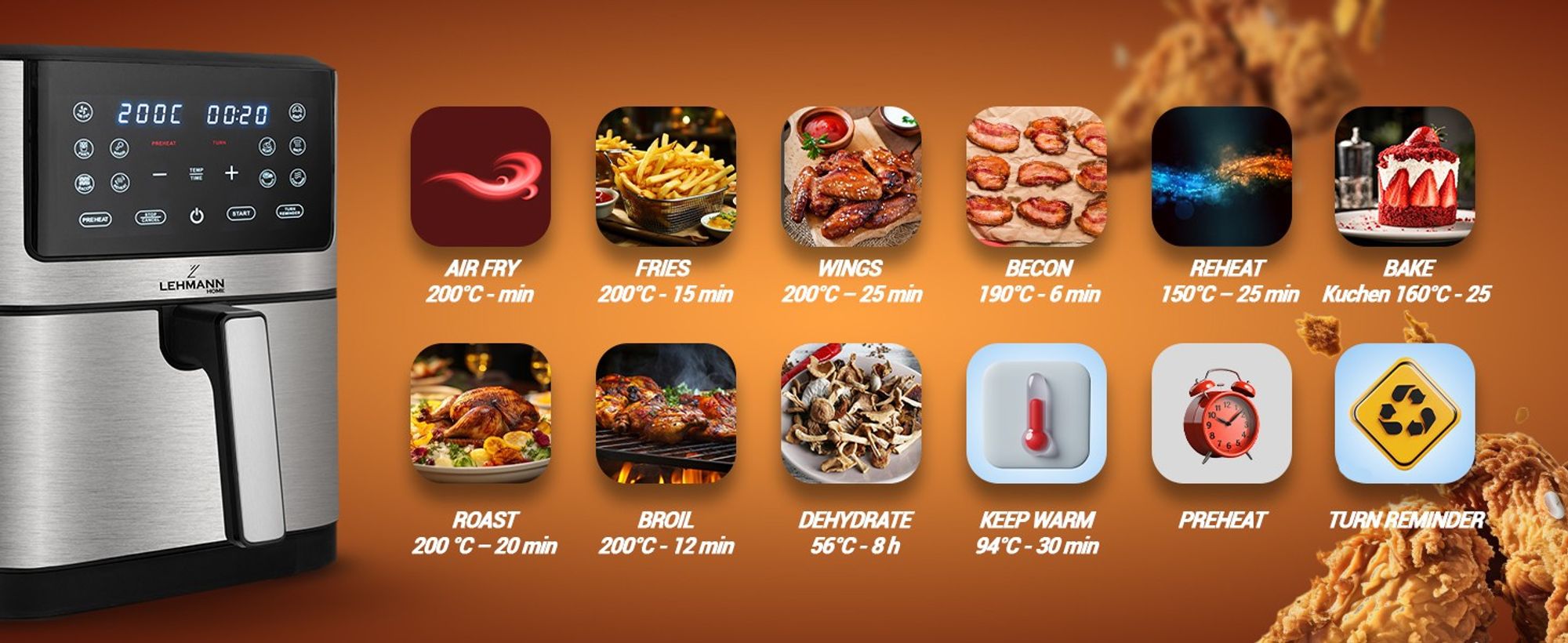 Lehmann 8L Heißluftfritteuse mit 10 Kochprogrammen, 1800 W Air Fryer mit Digitalem LED-Touchscreen und Timer, bis zu 200 °C, gesundes Essen ohne Öl