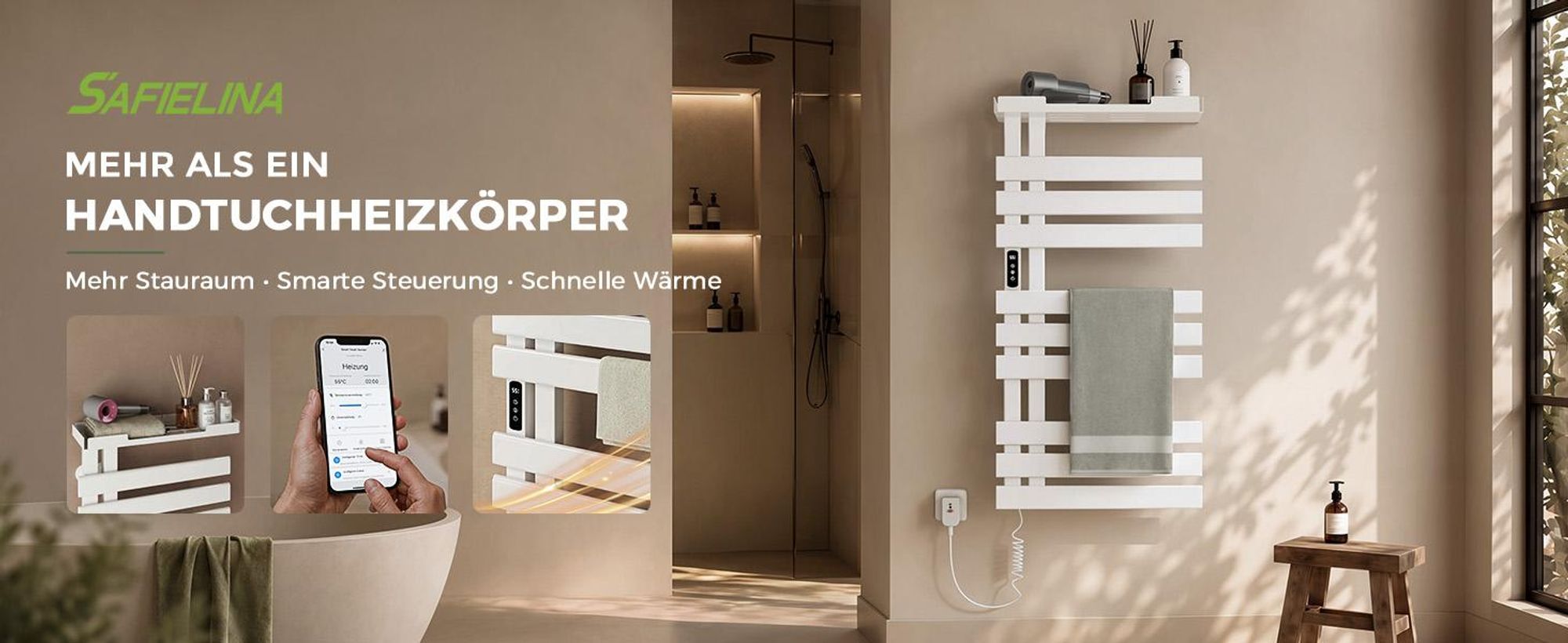 S'AFIELINA Handtuchheizkörper elektrisch mit Ablage 1050×500 mm 335W Weiß,Smart Handtuchwärmer mit WLAN-App, Carbonfaser-Heizung, 6 Heizmodi